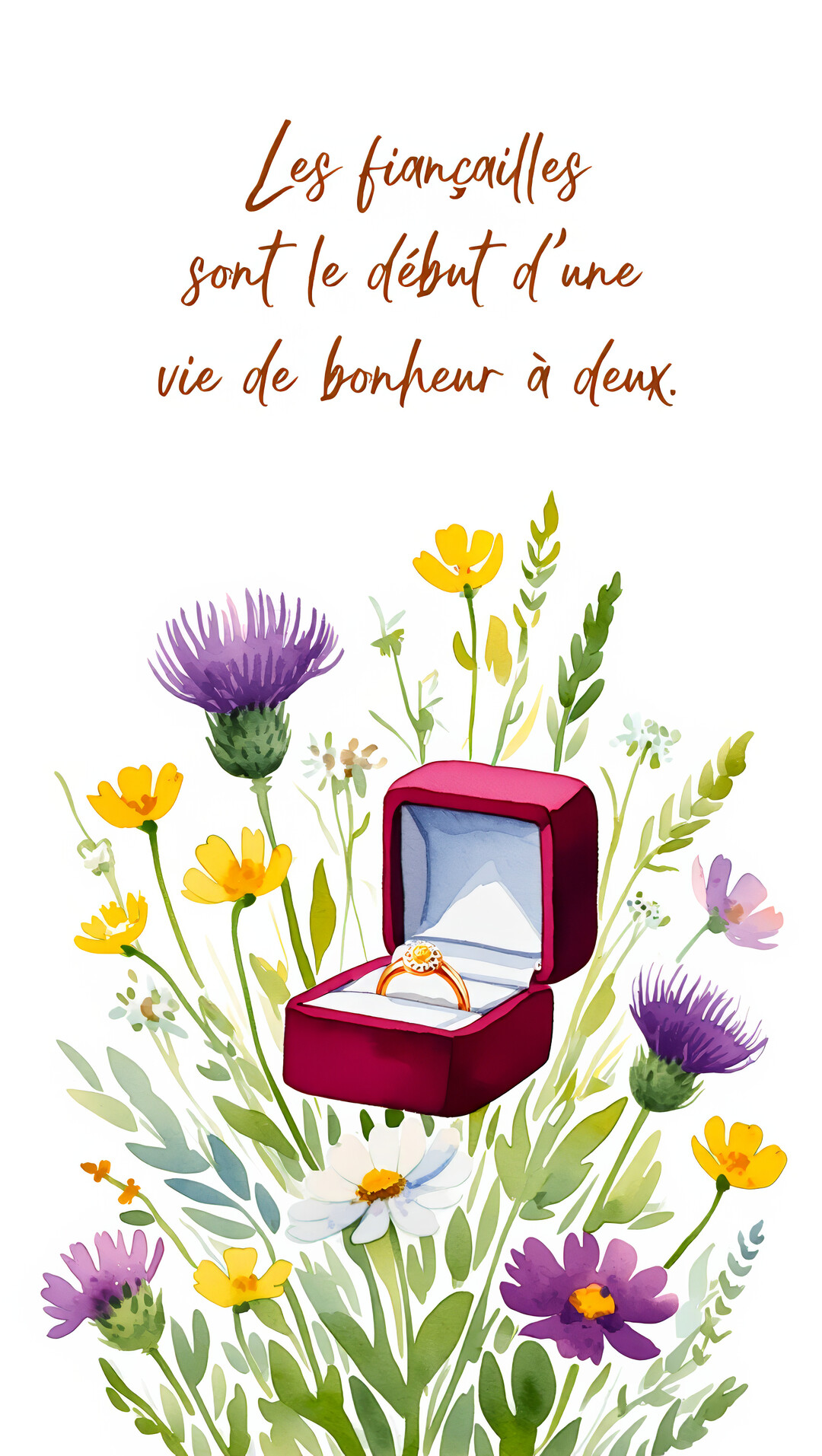 Une bague de fiançailles en or est présentée dans un écrin rouge ouvert, entouré de fleurs des champs colorées peintes à l'aquarelle.