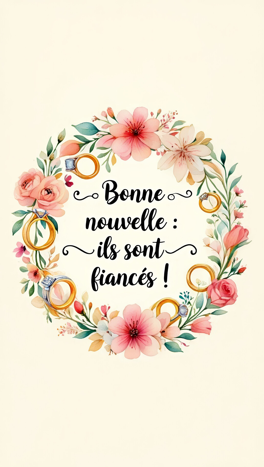 Une couronne de fleurs roses et de bagues de fiançailles entoure une calligraphie noire annonçant 'Bonne nouvelle : ils sont fiancés !'.