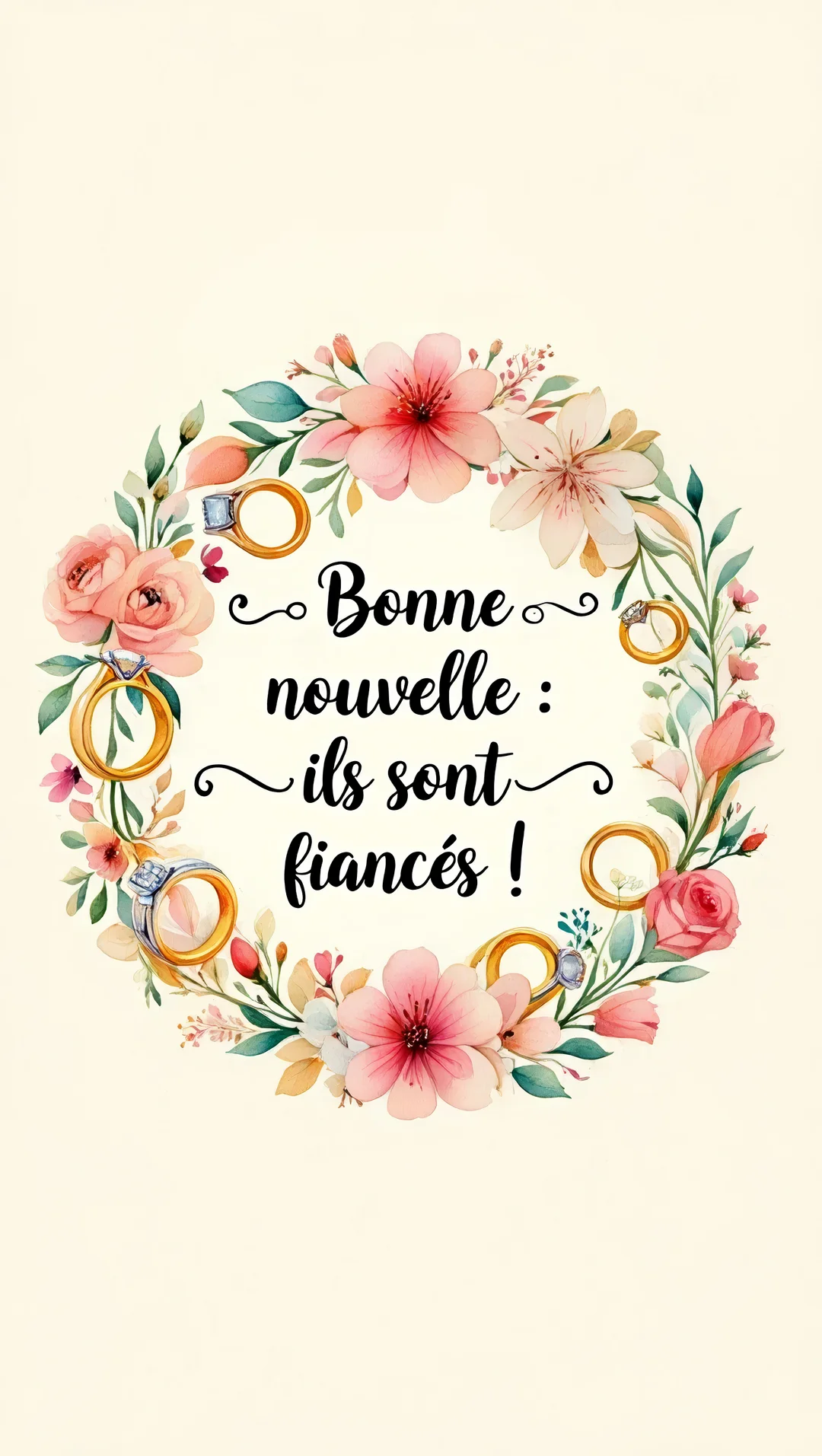 Une couronne de fleurs roses et de bagues de fiançailles entoure une calligraphie noire annonçant 'Bonne nouvelle : ils sont fiancés !'.