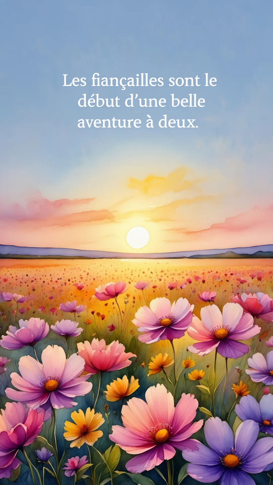 Un paysage à l'aquarelle montre un champ de fleurs roses et jaunes sous un soleil radieux à l'horizon, avec un texte superposé.