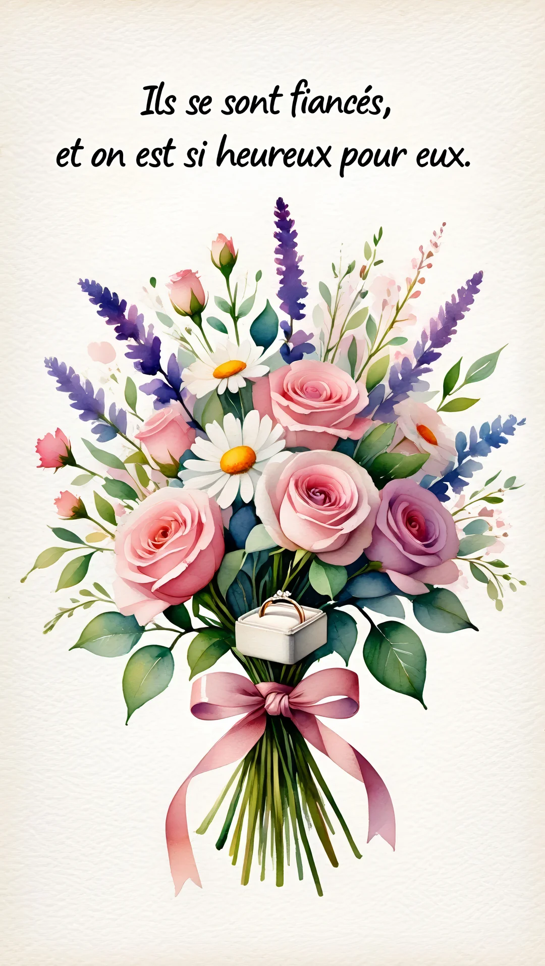 Une illustration à l'aquarelle d'un bouquet de fleurs colorées, incluant une bague de fiançailles dans son écrin, sur un fond texturé.