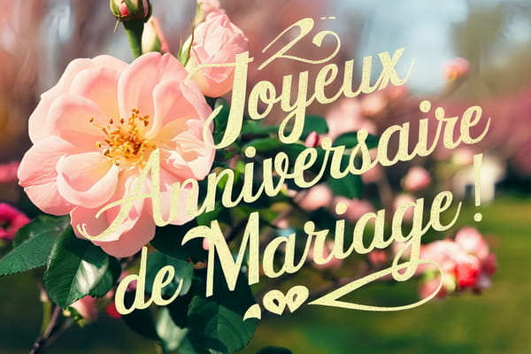 Roses roses dans un jardin ensoleillé avec le texte 'Joyeux Anniversaire de Mariage !' en calligraphie.