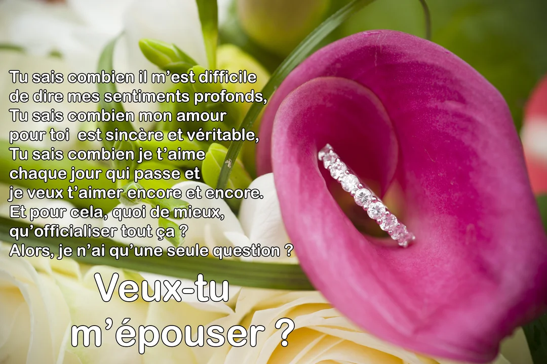 Gros plan d'une bague de fiançailles en diamants, délicatement posée à l'intérieur d'une fleur d'arum rose vif, avec un bouquet en arrière-plan.