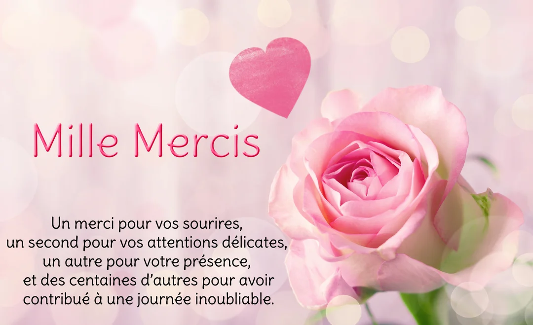 Une carte de remerciements sur un fond rose flouté, montrant une rose rose en gros plan, un cœur et un message de gratitude.