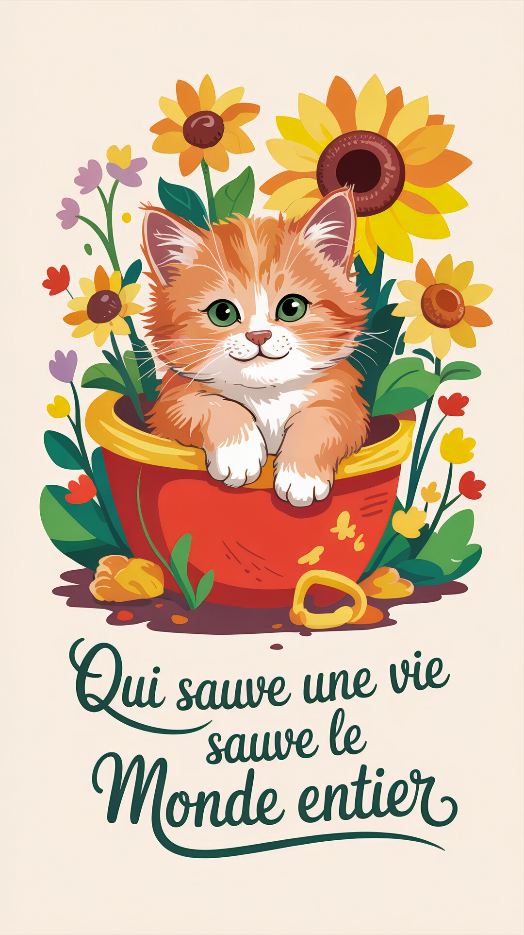 Un mignon chaton roux aux yeux verts est assis dans un pot de fleurs rouge, entouré de tournesols, sous une citation inspirante.