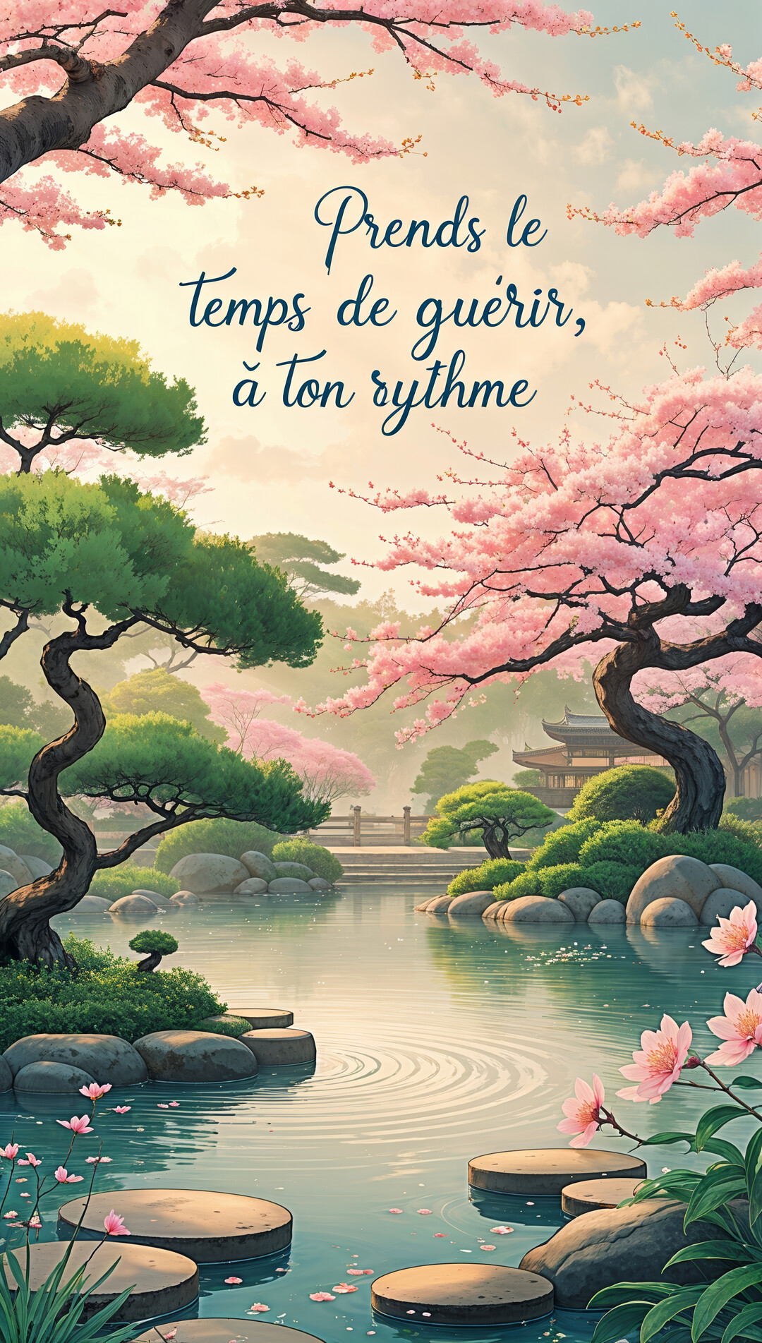 Un paisible jardin japonais au printemps, avec des cerisiers en fleurs, un étang et des pas japonais menant vers un temple lointain.