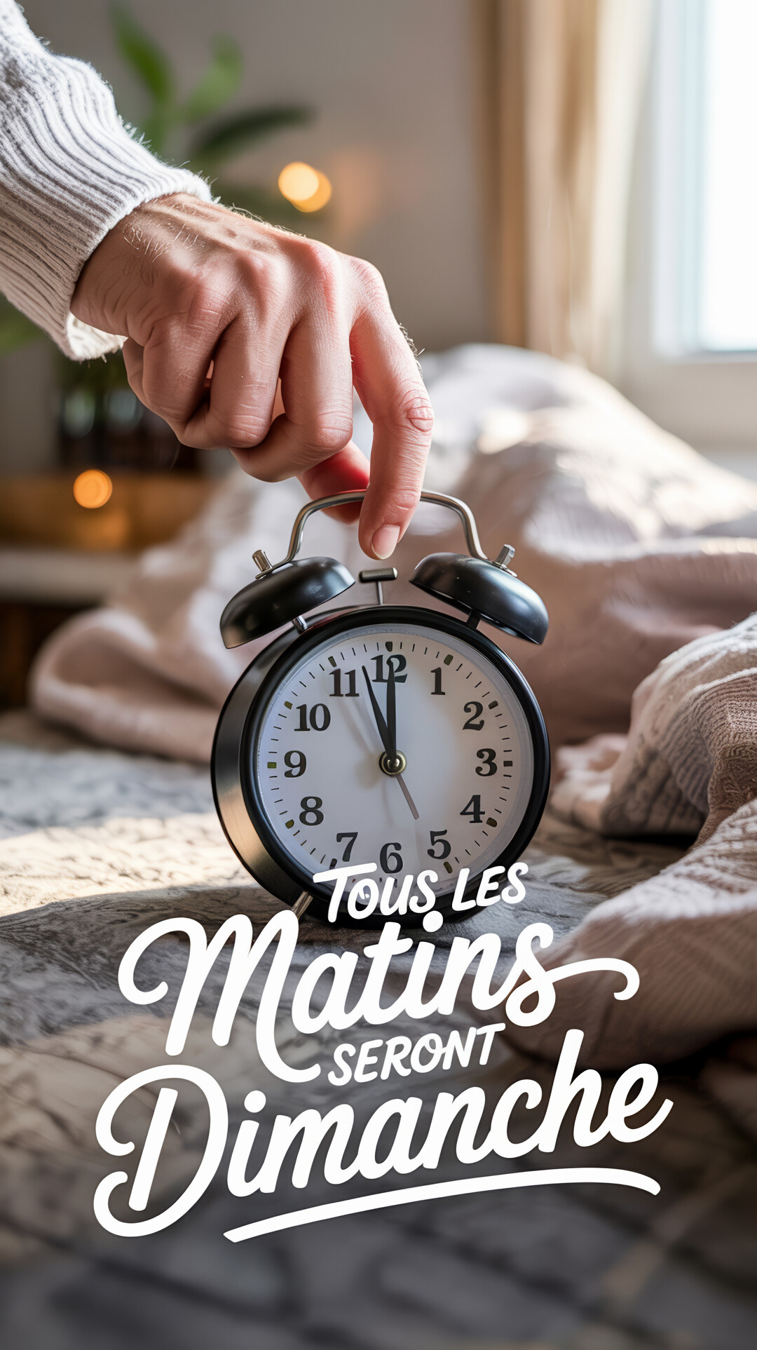 Gros plan sur une main masculine arrêtant un réveil matin noir à double cloche, posé sur une couette dans une chambre ensoleillée.