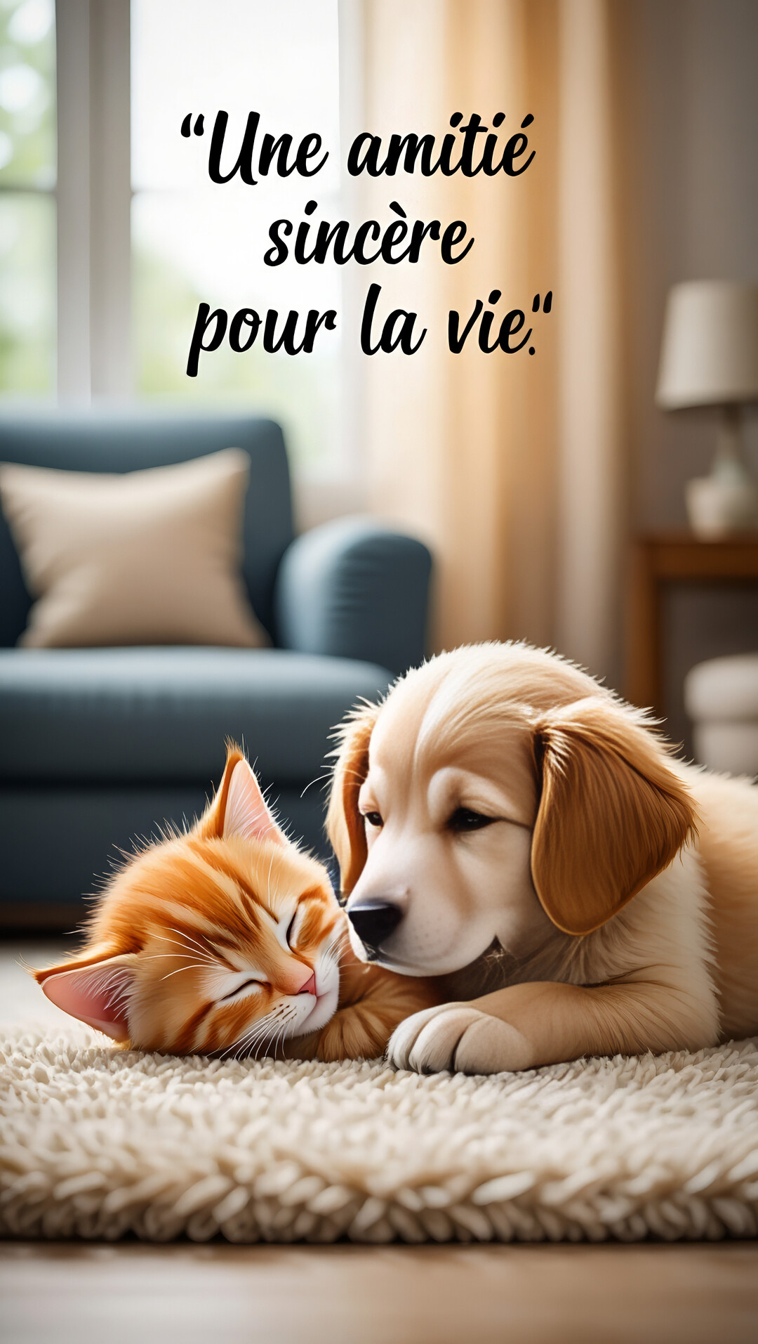 Un jeune chiot blond et un chaton roux sont affectueusement blottis l'un contre l'autre sur un tapis moelleux dans un salon.