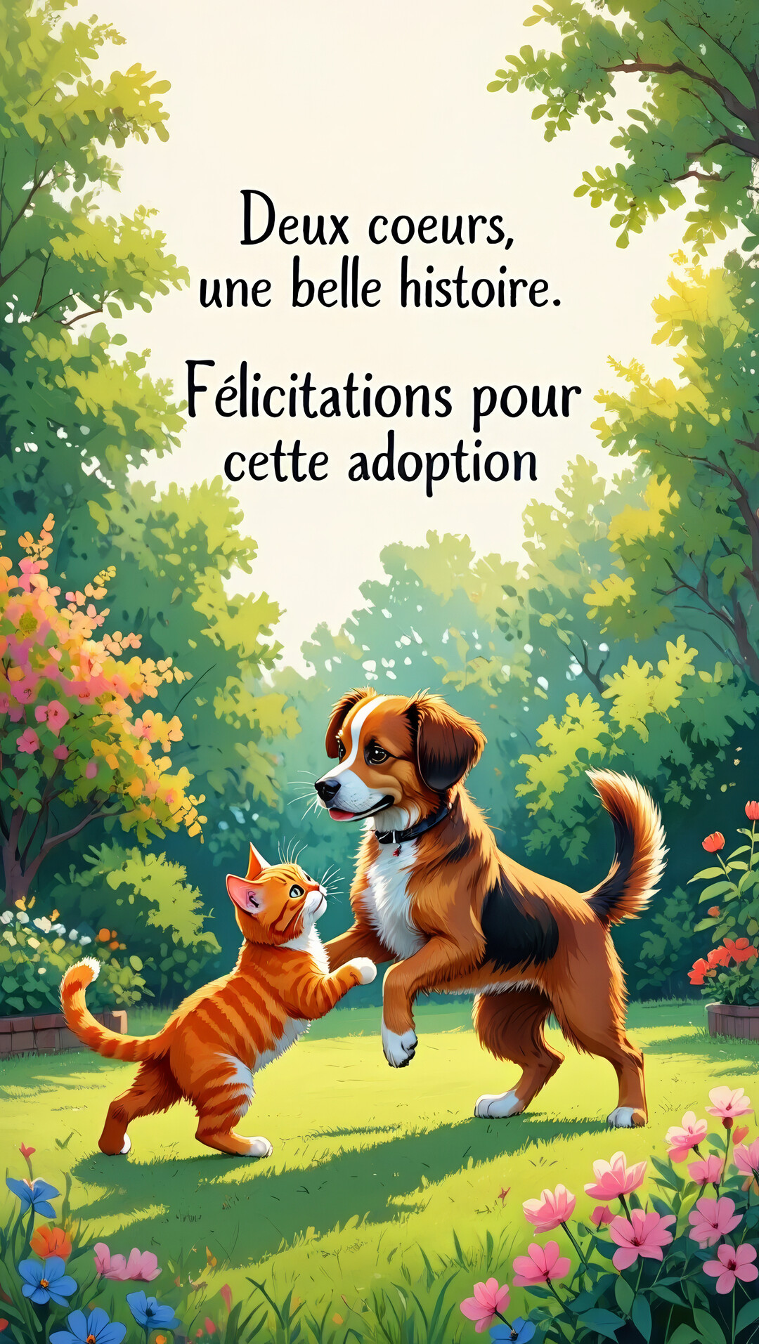 Dans un jardin verdoyant, un chiot tricolore et un chaton roux se touchent la patte, symbolisant le début d'une belle amitié.