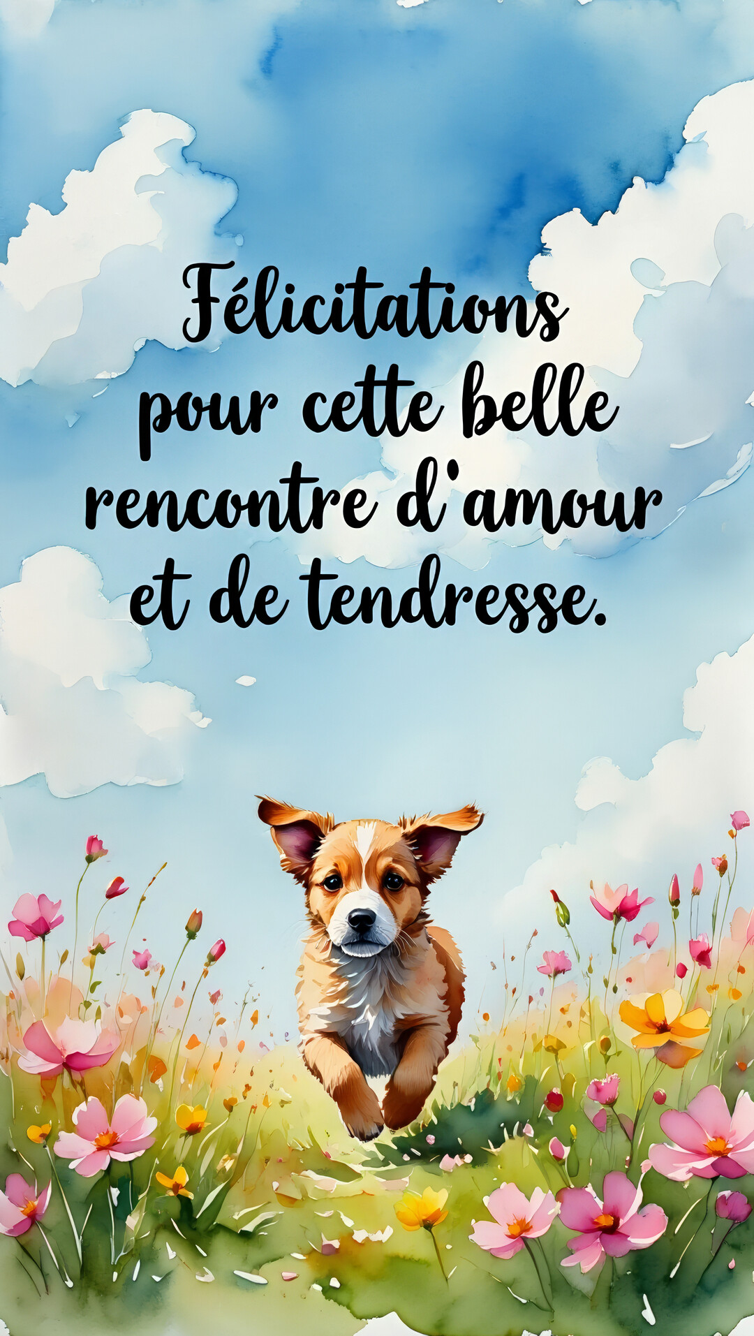 Un chiot roux et blanc, de style aquarelle, court avec entrain au milieu d'un champ fleuri sous un ciel d'été nuageux.