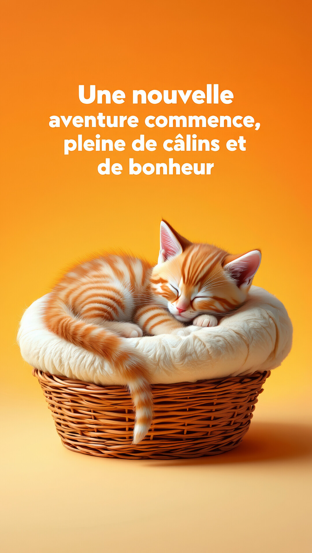 Un jeune chaton roux tigré dort paisiblement, blotti sur un coussin blanc dans un panier en osier, sur un fond orange uni.
