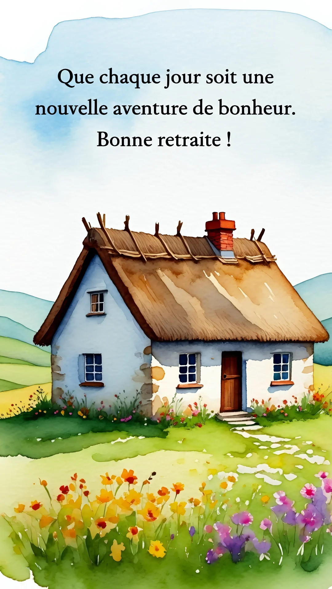 Une peinture à l'aquarelle d'une chaumière rustique au toit de chaume, entourée d'un champ de fleurs sauvages colorées sous un ciel bleu clair.