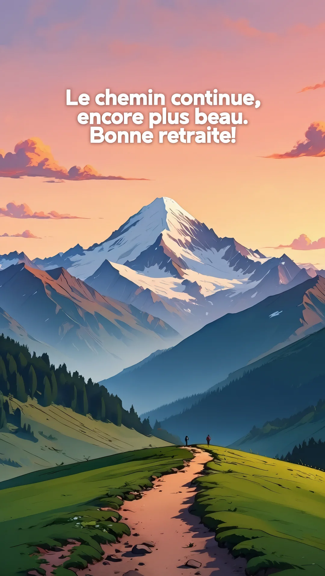 Illustration d'un paysage montagneux avec deux randonneurs sur un sentier menant vers un sommet enneigé sous un ciel crépusculaire.