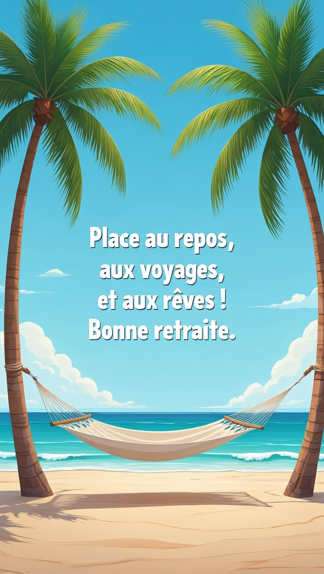 Illustration d'une plage tropicale avec un hamac entre deux palmiers, l'océan turquoise en arrière-plan sous un ciel bleu clair et ensoleillé.