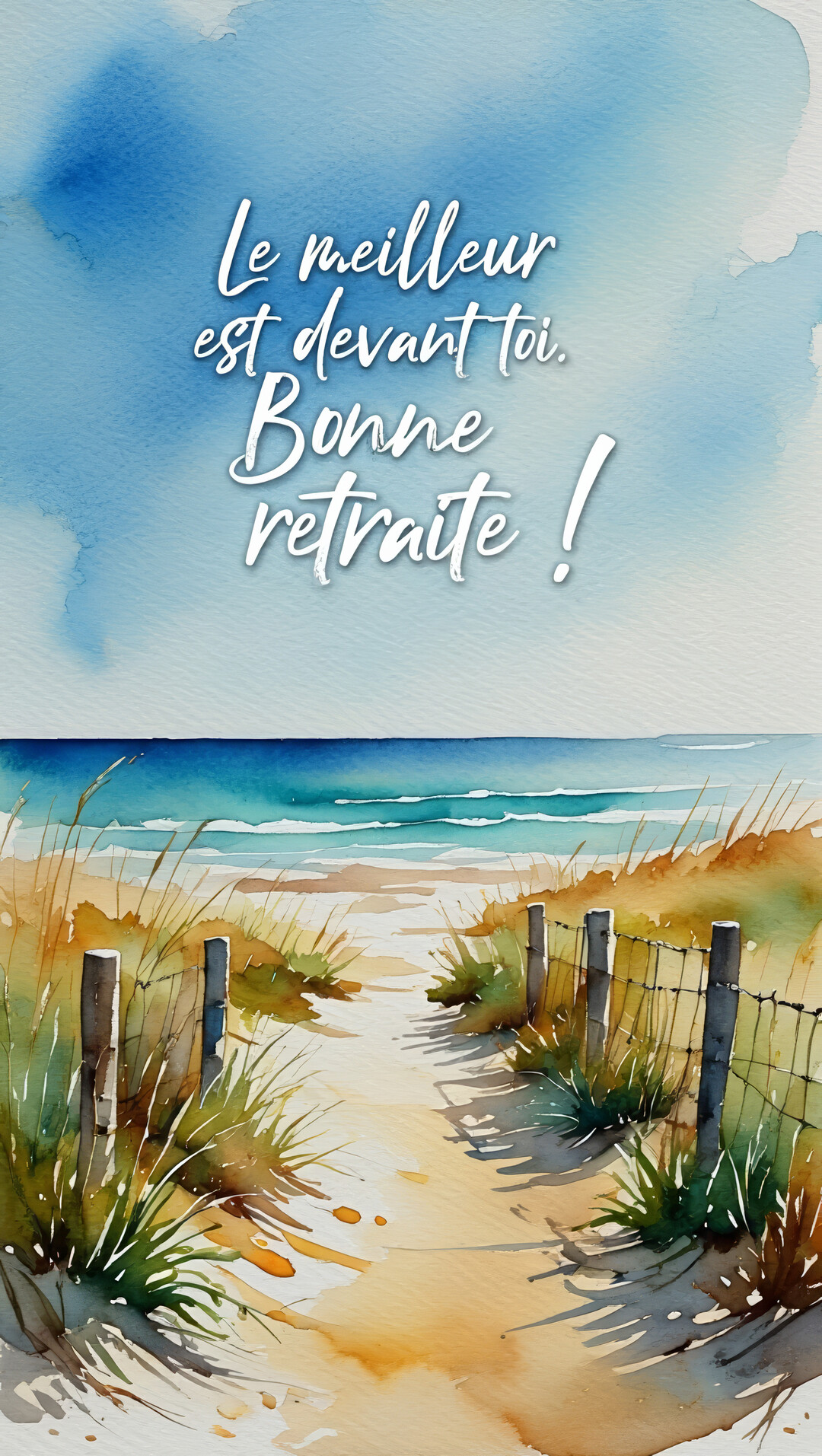 Une peinture à l'aquarelle représente un sentier sablonneux qui descend à travers des dunes vers l'océan sous un ciel bleu clair.