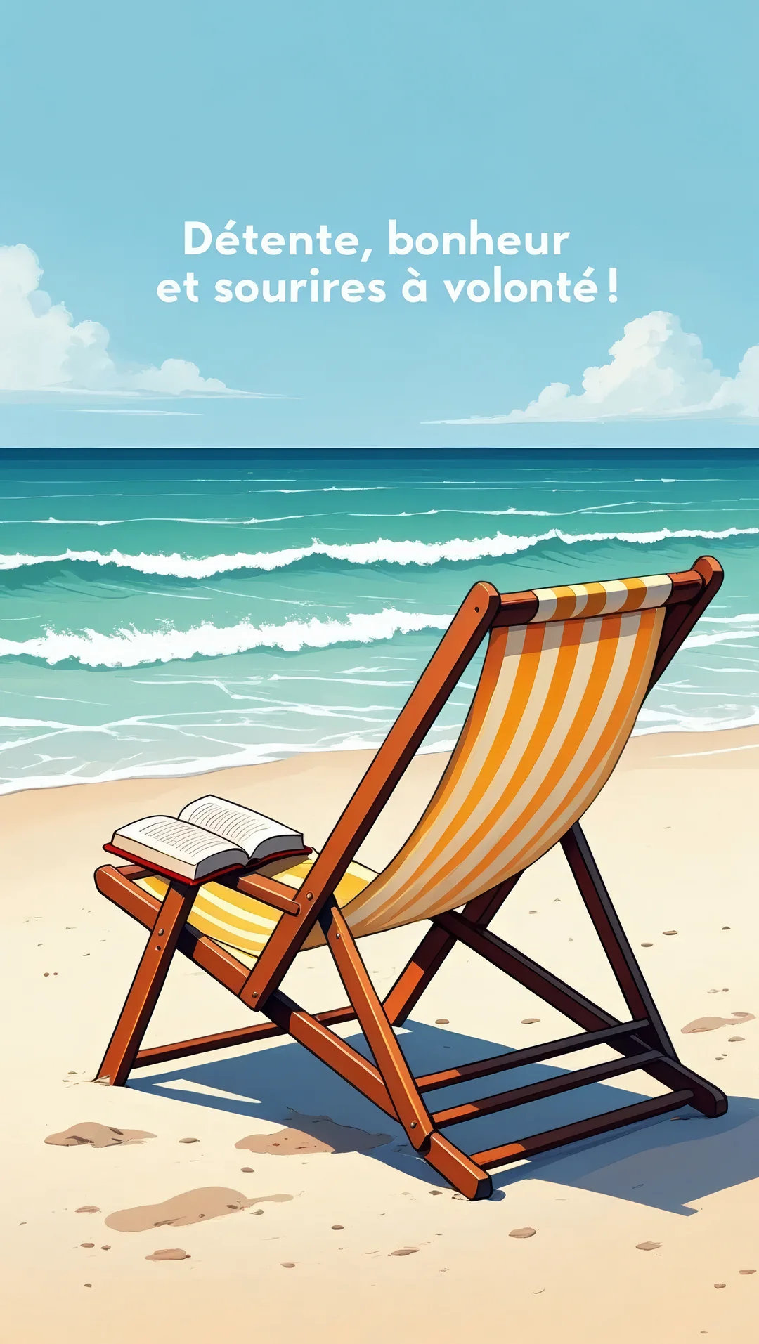 Une illustration d'un transat rayé orange et blanc avec un livre ouvert sur une plage, face à l'océan sous un ciel clair.