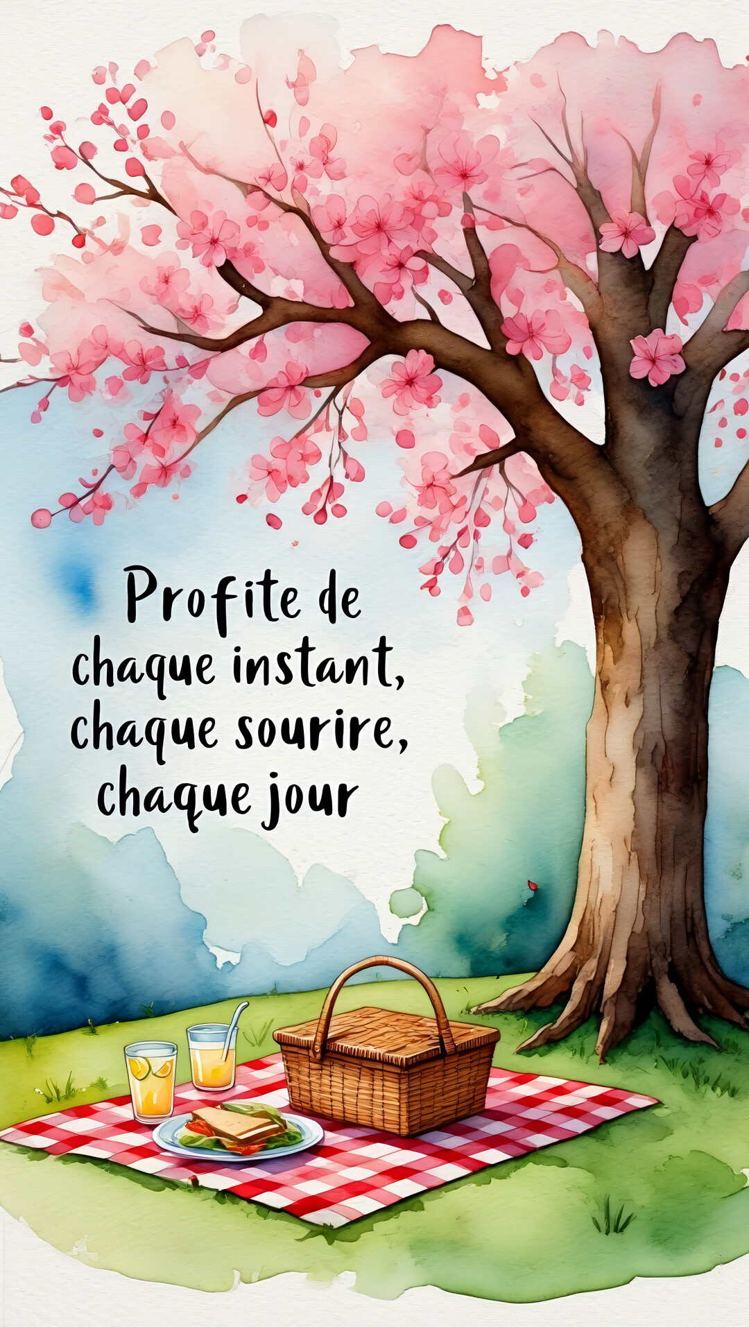 Une scène de pique-nique à l'aquarelle sous un grand cerisier en fleurs, avec une nappe, un panier et des boissons sur l'herbe.