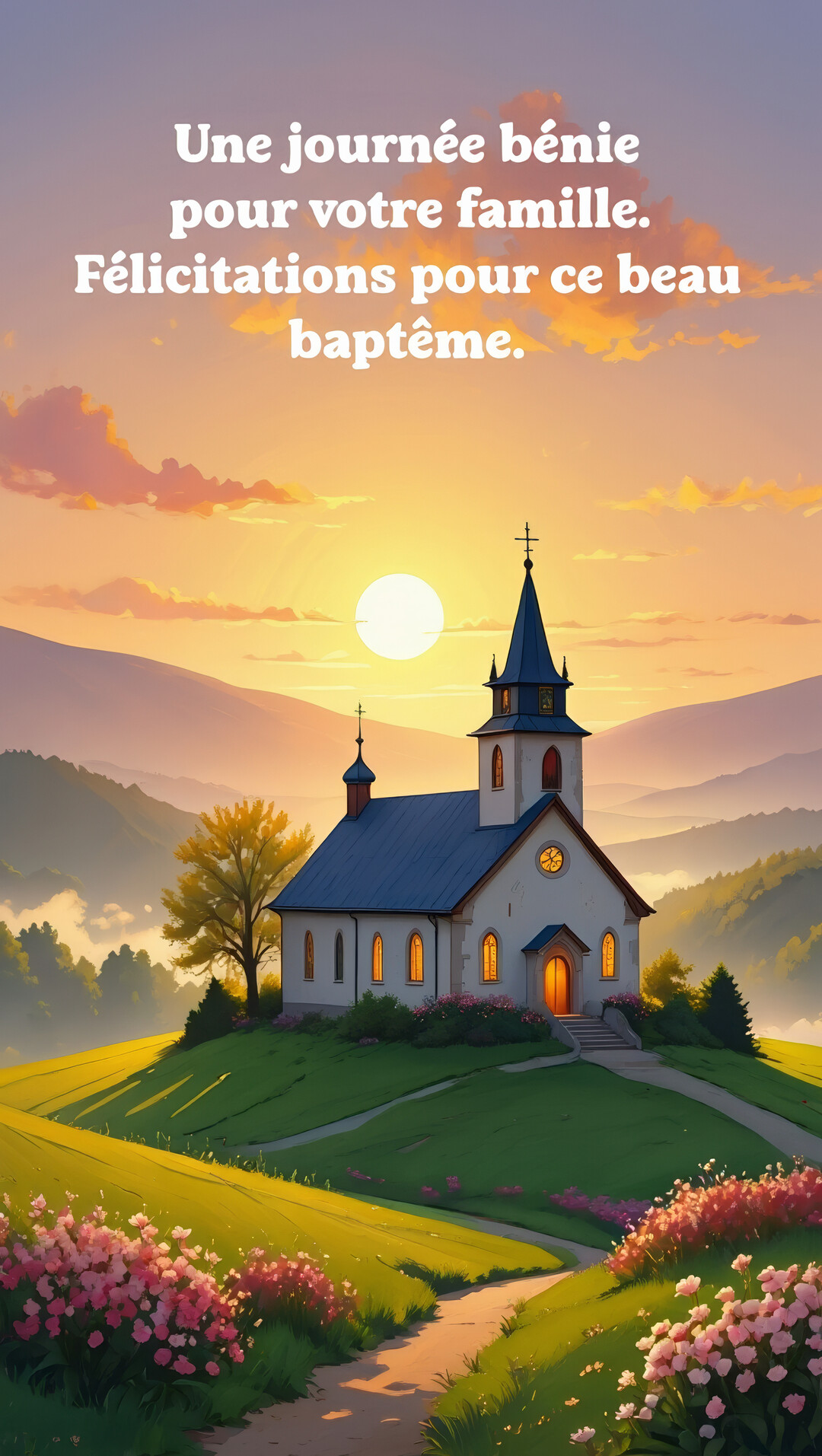 Une église de campagne est perchée sur une colline verdoyante sous un ciel de coucher de soleil, avec des fleurs au premier plan.