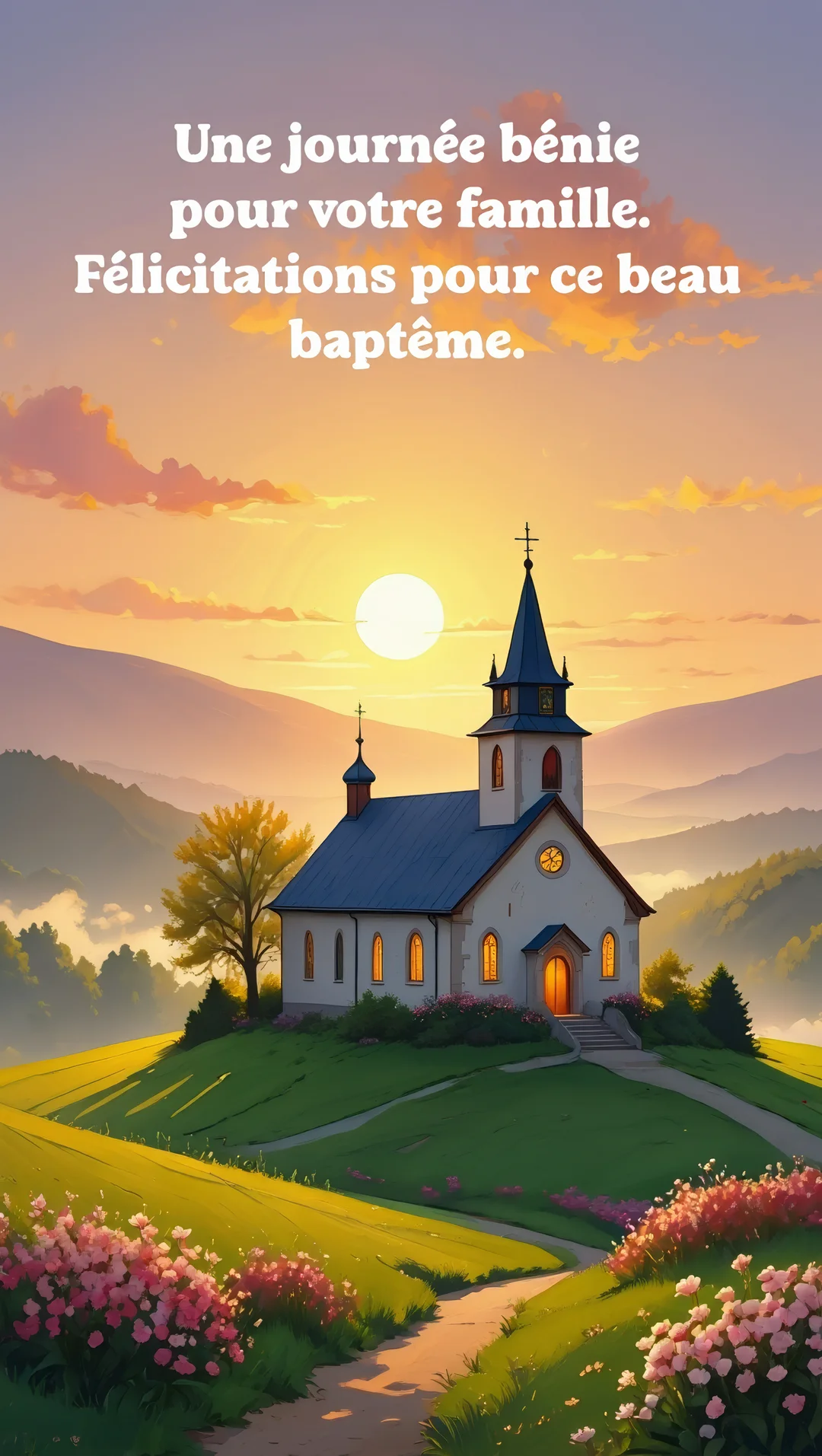 Une église de campagne est perchée sur une colline verdoyante sous un ciel de coucher de soleil, avec des fleurs au premier plan.