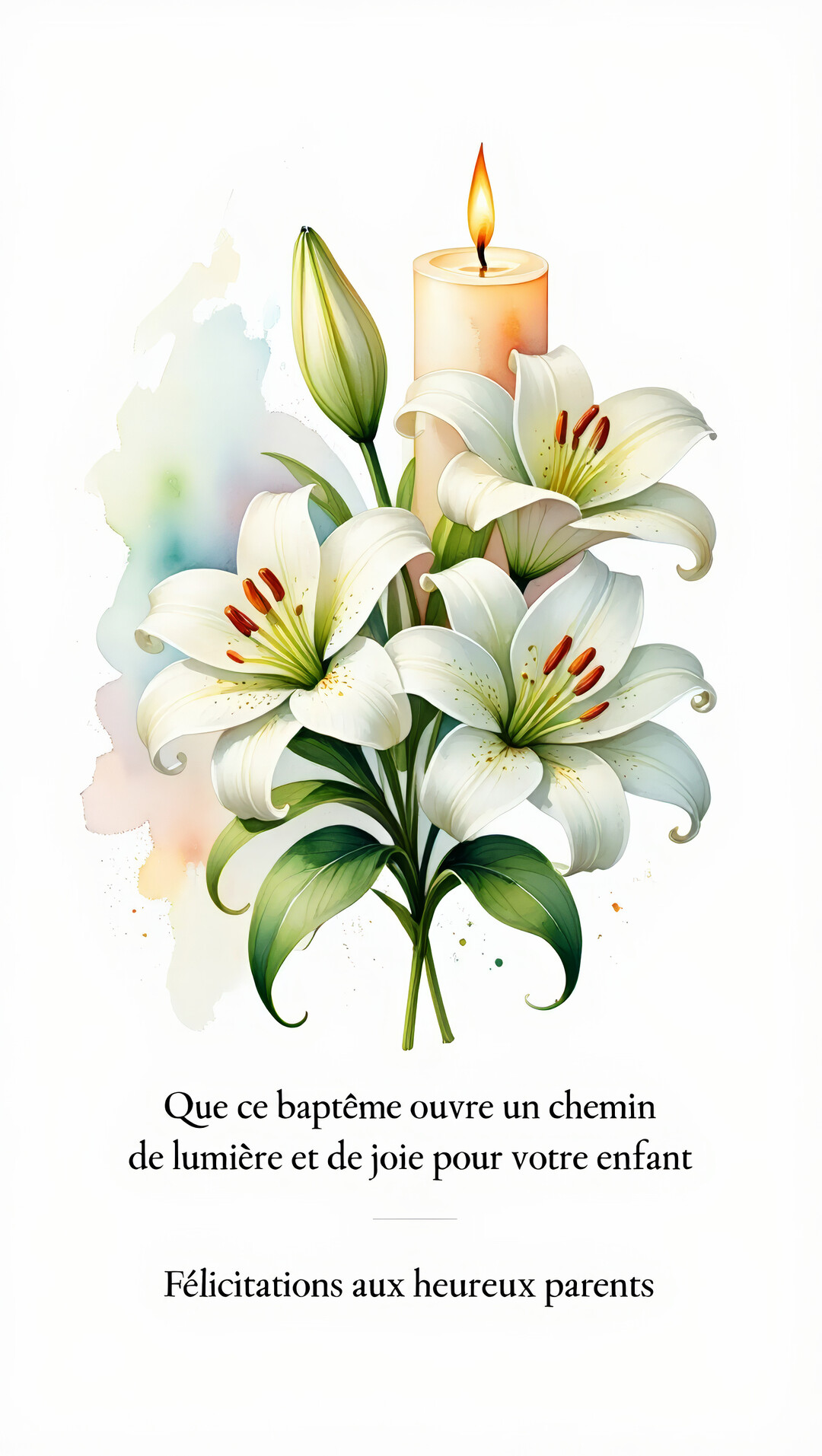 Une illustration de style aquarelle montrant un bouquet de lys blancs épanouis et une bougie allumée, sur un fond blanc avec des touches pastel.