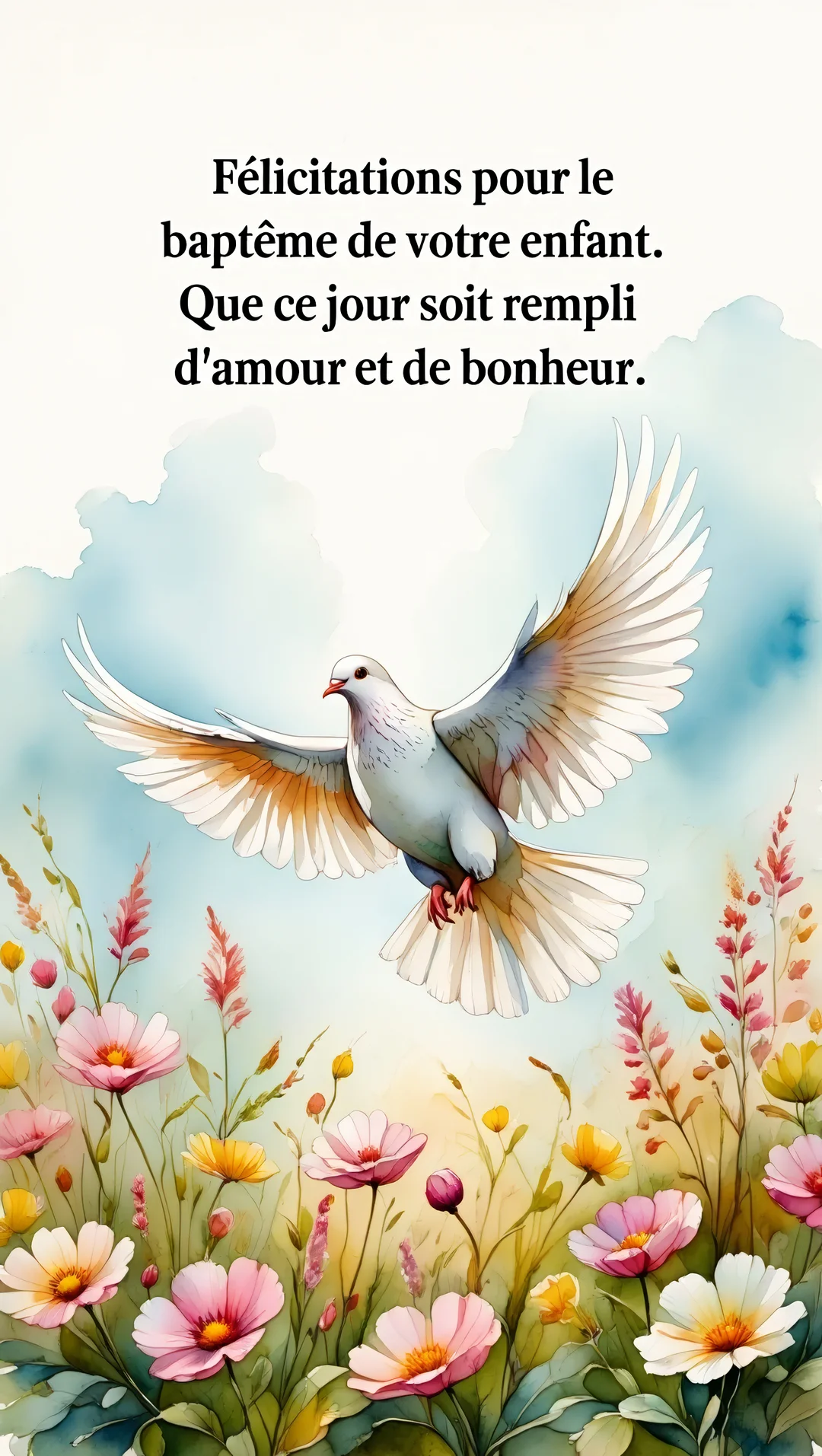 Une colombe blanche aux ailes déployées vole dans un ciel bleu clair, au-dessus d'un champ de fleurs sauvages roses, jaunes et blanches.