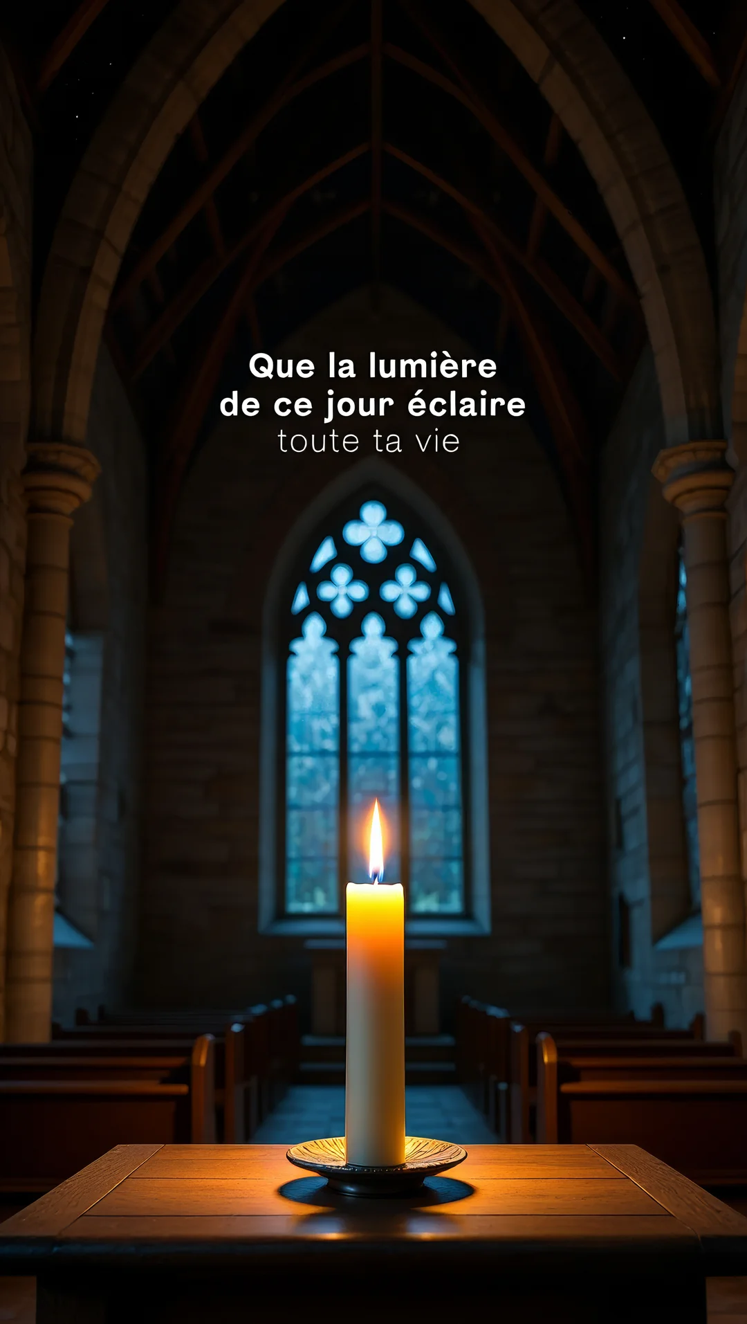 Au premier plan, une bougie allumée sur une table en bois à l'intérieur d'une église sombre, avec une fenêtre gothique en arrière-plan.