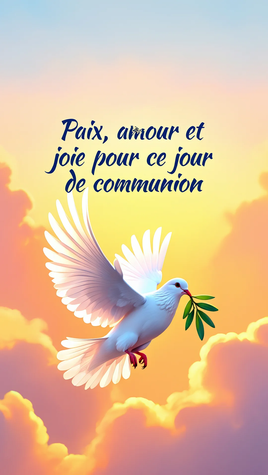 Une colombe blanche aux ailes déployées vole dans un ciel nuageux aux tons dorés, portant une branche d'olivier dans son bec.