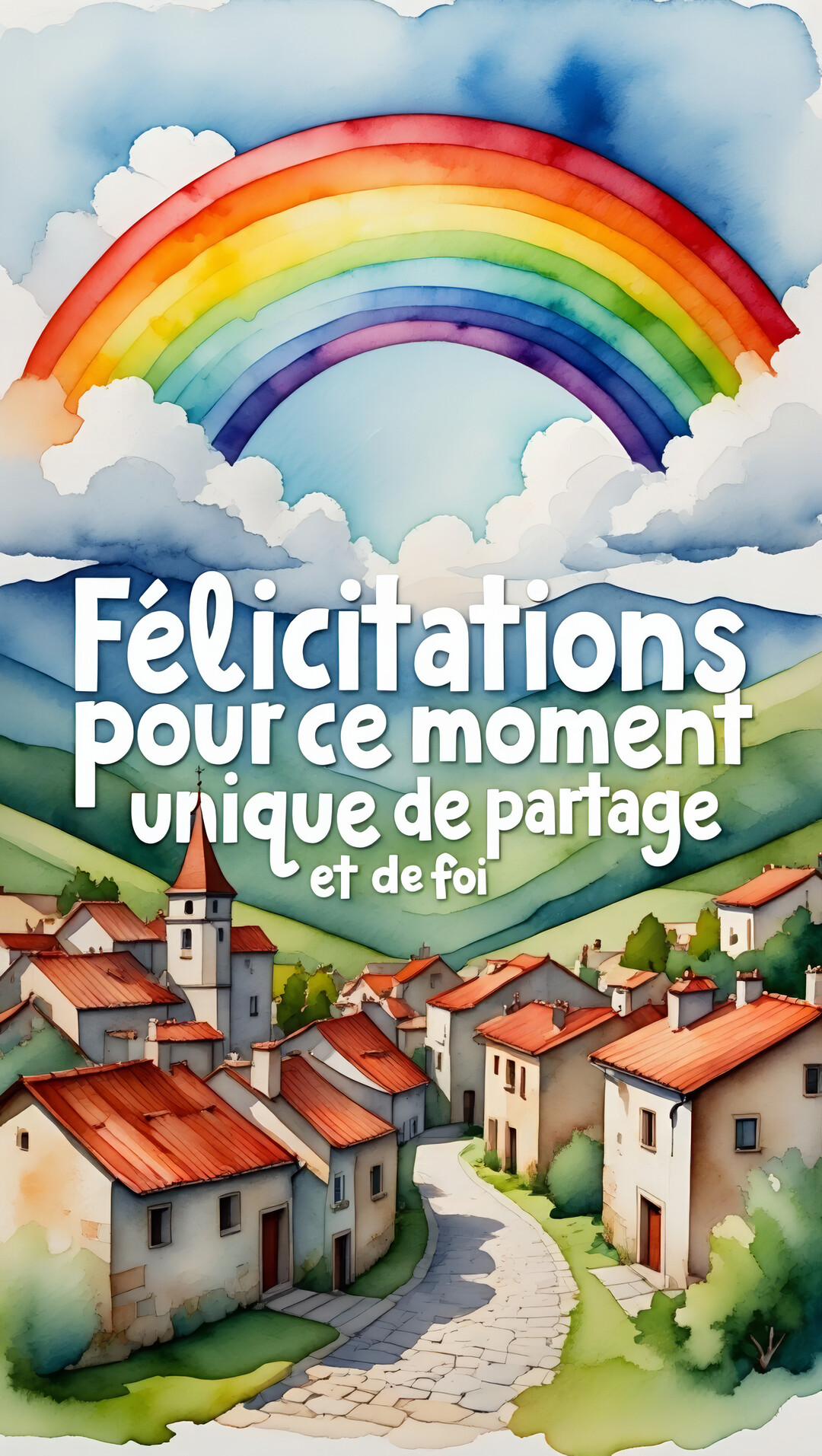 Une illustration à l'aquarelle représente un village paisible avec un clocher d'église, niché dans des collines verdoyantes sous un arc-en-ciel vibrant.