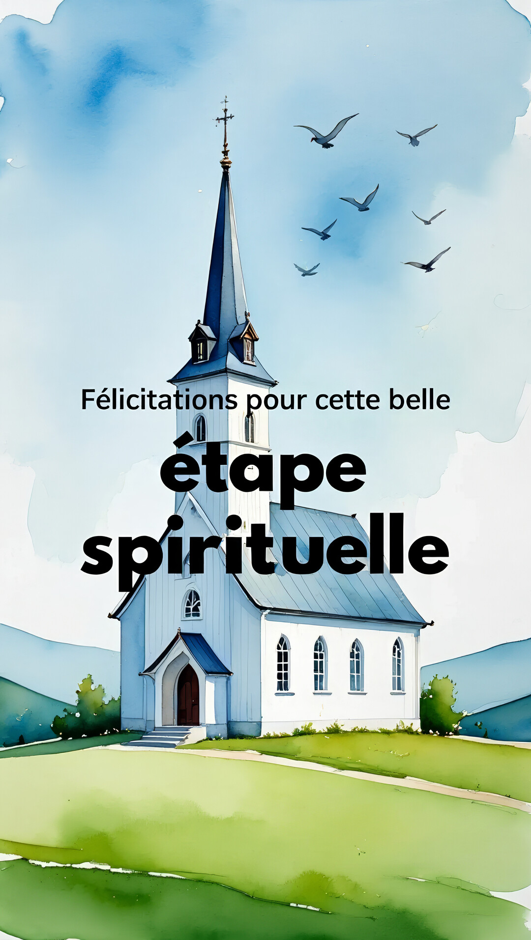 Une carte illustrée à l'aquarelle montrant une église de campagne blanche avec un clocher pointu, sous un ciel bleu où volent des oiseaux.