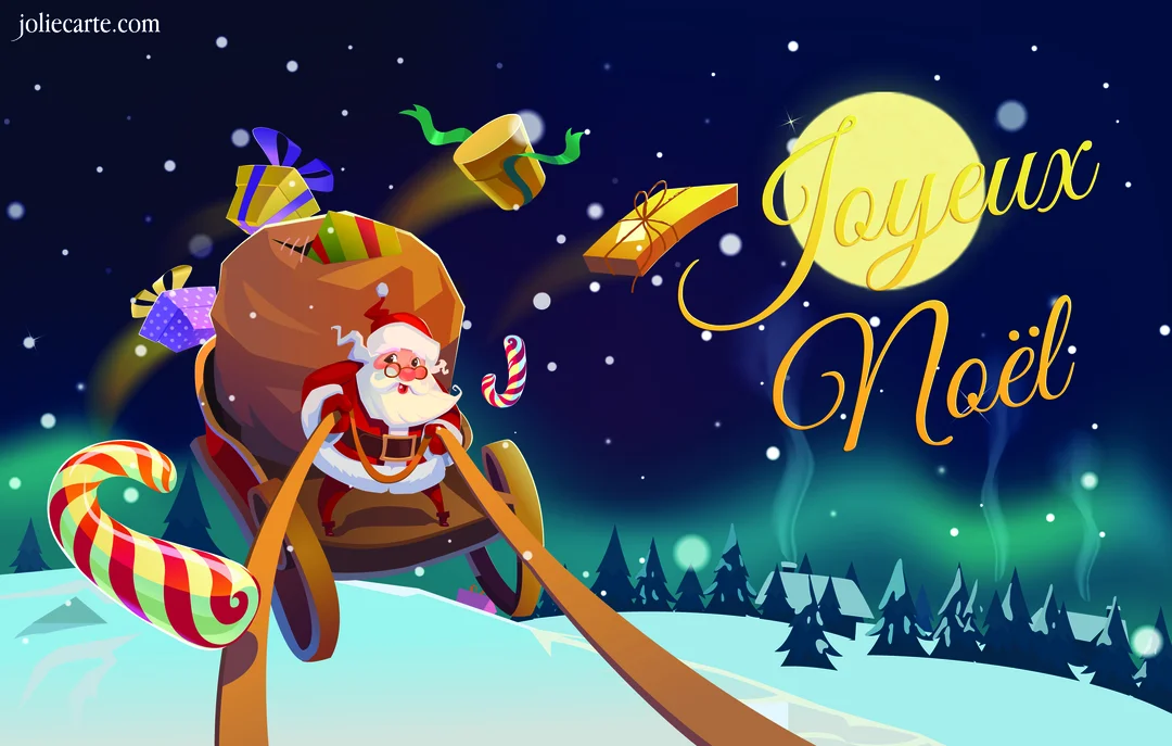 Dans un paysage nocturne enneigé, le Père Noël conduit son traineau rempli de cadeaux, glissant sur des sucres d'orge géants.