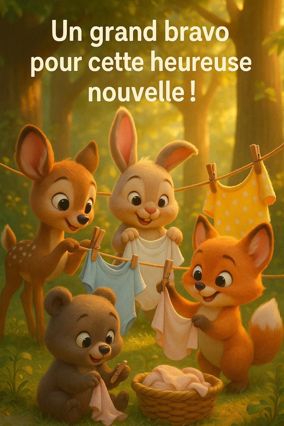 Dans une forêt ensoleillée, un faon, un lapin, un ourson et un renard au style enfantin étendent de jolis vêtements de bébé.