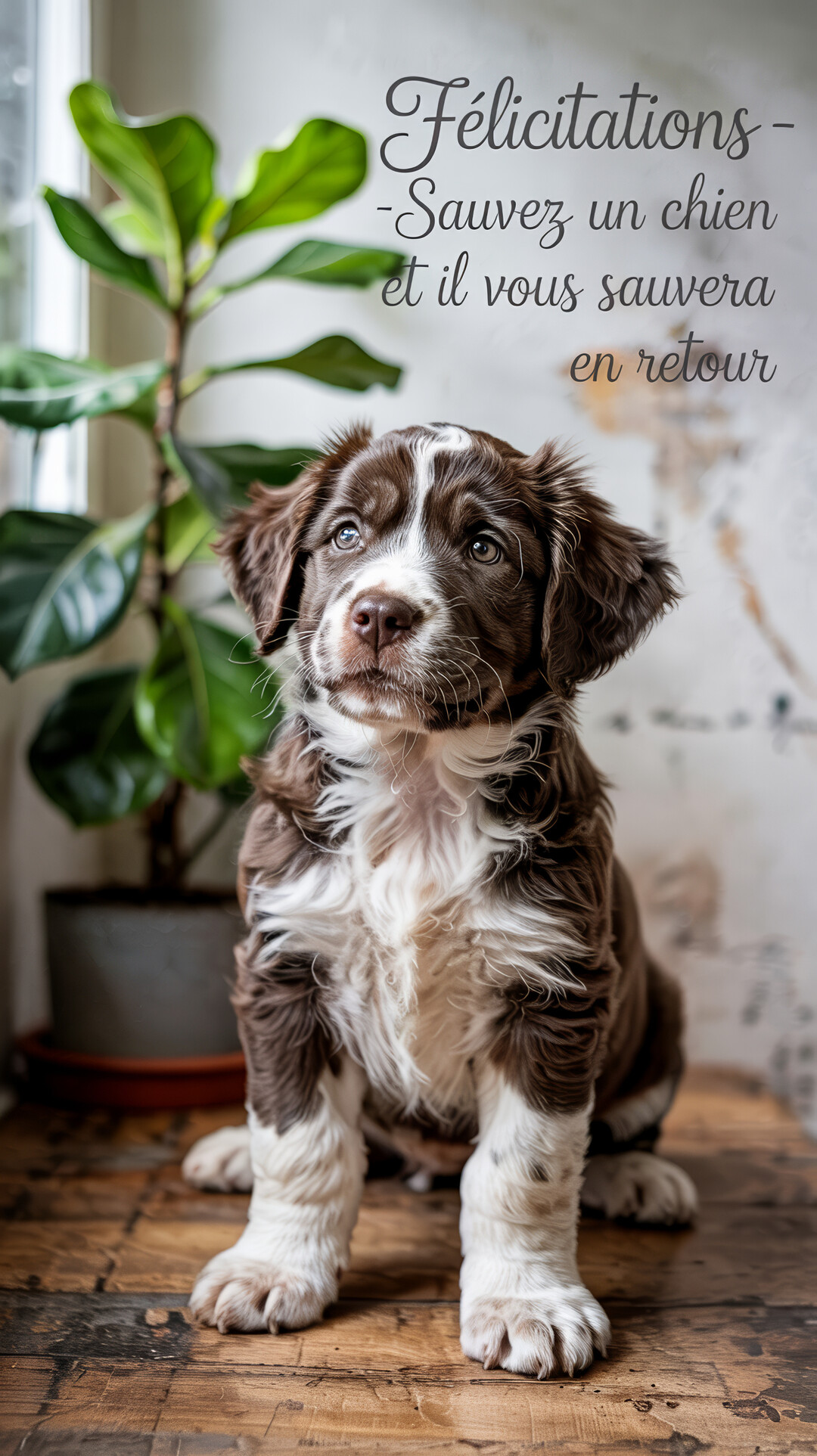 Un jeune chiot au pelage marron et blanc est assis sur une surface en bois, levant un regard plein d'espoir vers le haut.