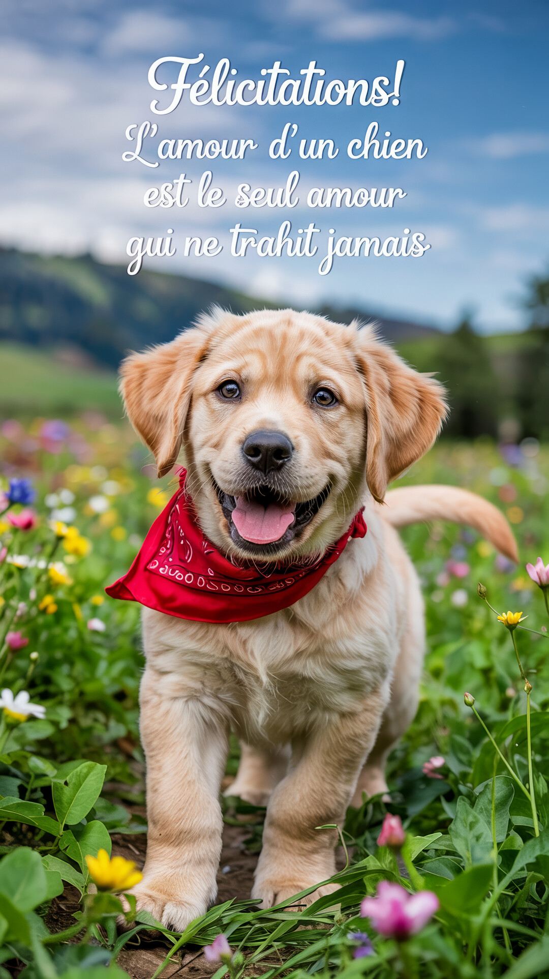 Un jeune chiot Golden Retriever, portant un bandana rouge, est assis joyeusement au milieu d'une prairie fleurie sous un ciel bleu.