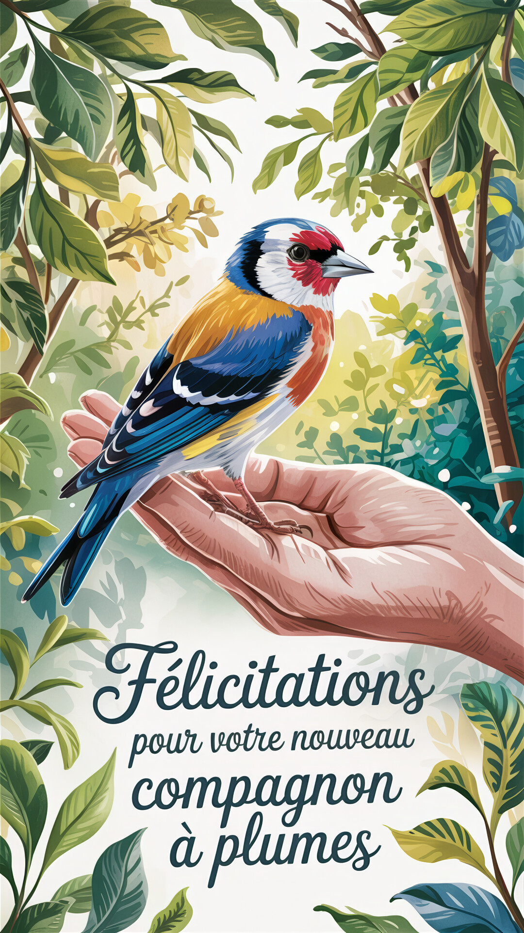 Un oiseau chardonneret aux plumes bleues, jaunes et rouges est posé sur la paume d'une main humaine, sur fond de feuillage verdoyant.