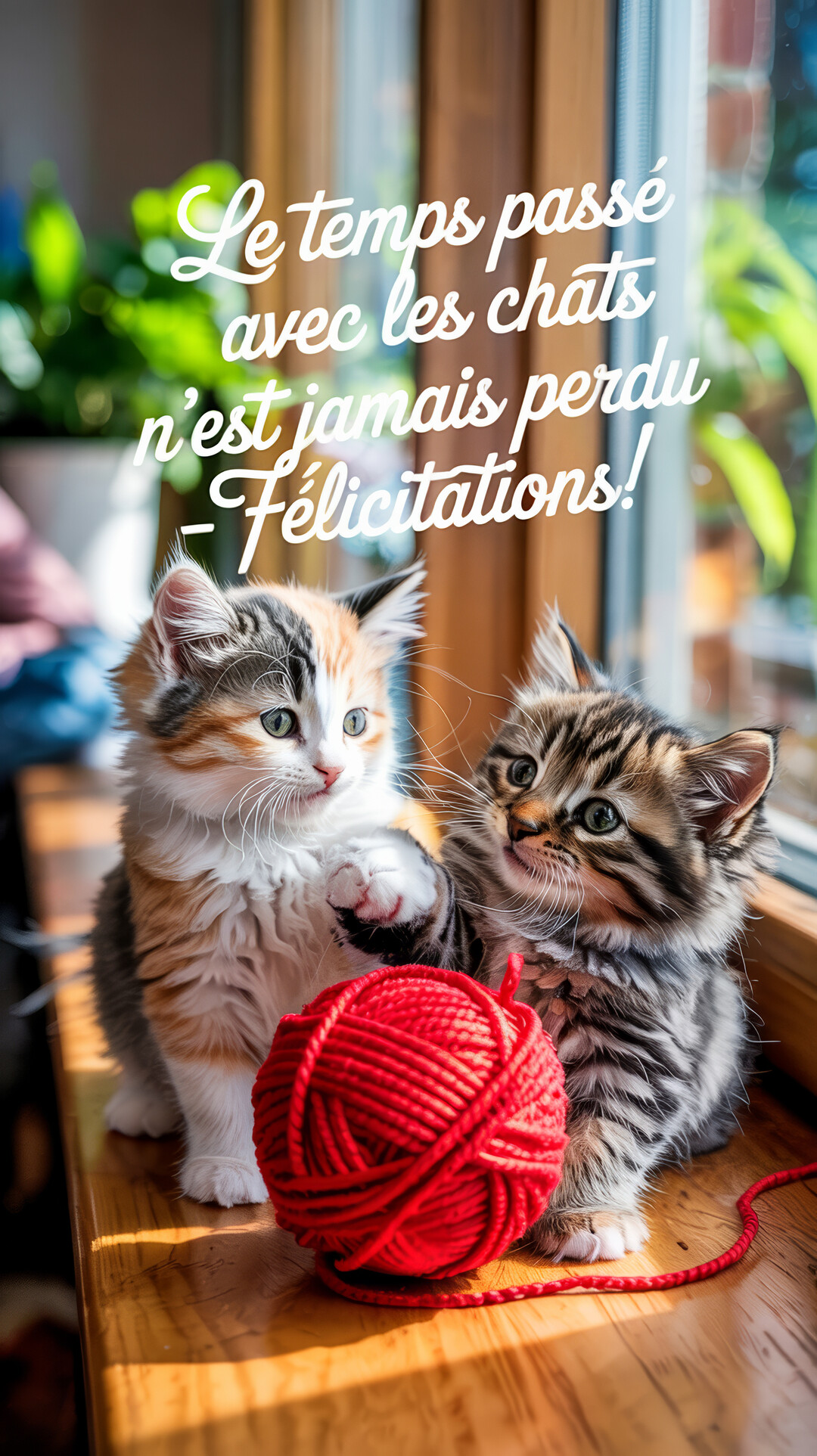 Deux chatons mignons, l'un tricolore et l'autre tigré, sont assis sur un rebord de fenêtre en bois et jouent avec une pelote de laine rouge.