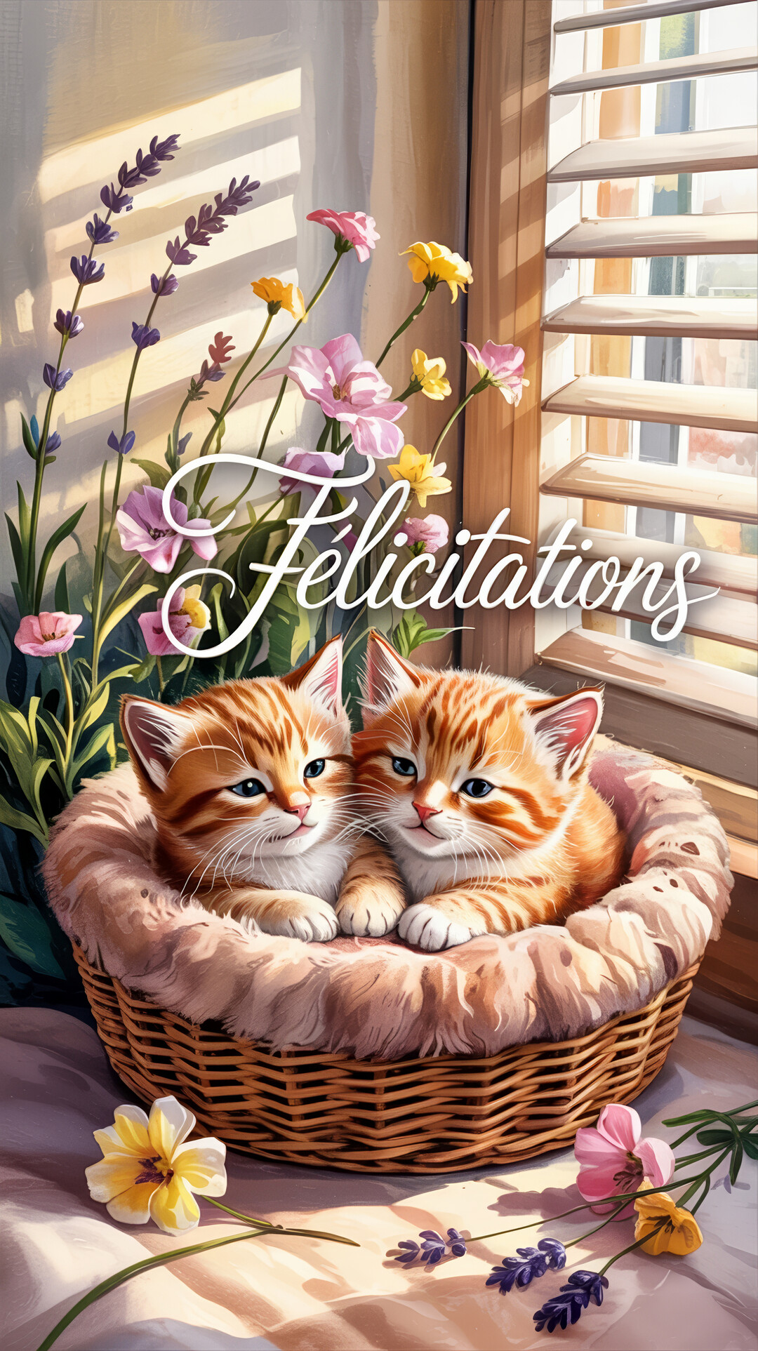Deux adorables chatons roux sont blottis l'un contre l'autre dans un panier en osier, à côté de fleurs et d'une fenêtre à persiennes ensoleillée.