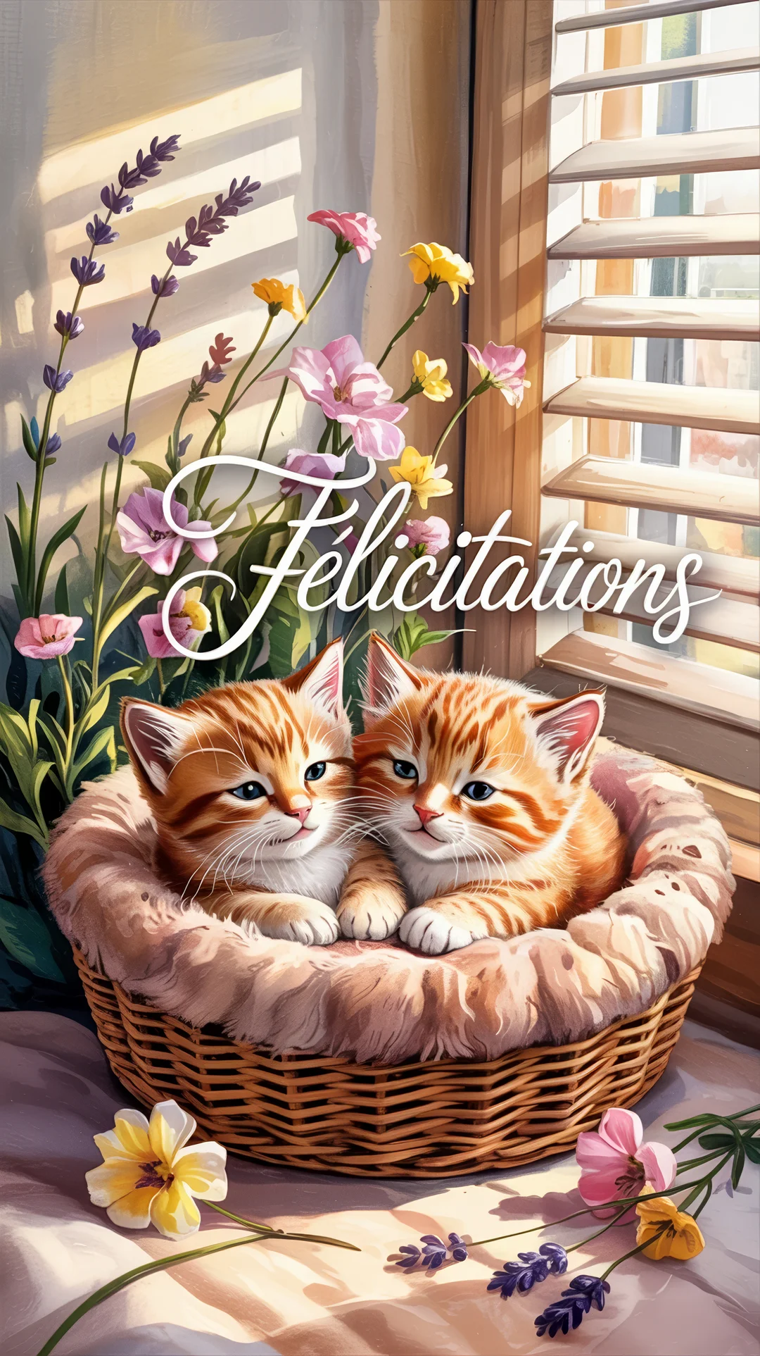 Deux adorables chatons roux sont blottis l'un contre l'autre dans un panier en osier, à côté de fleurs et d'une fenêtre à persiennes ensoleillée.