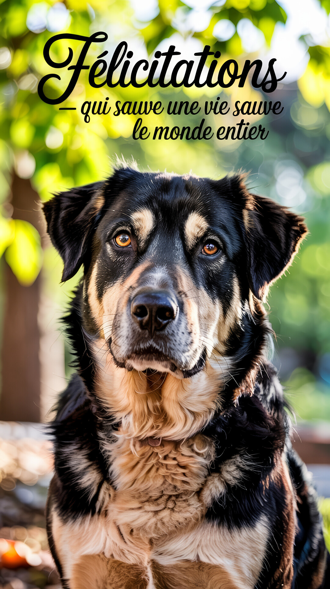 Gros plan sur un chien de race croisée, noir et feu, au regard intense, sur un fond de verdure floue ensoleillée.