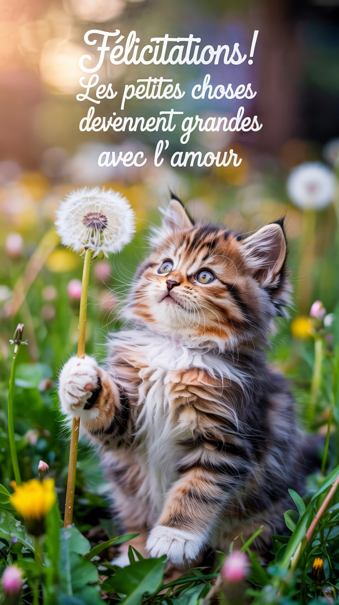 Un jeune chaton tigré au poil long est assis dans l'herbe et tient délicatement une fleur de pissenlit avec sa patte avant.