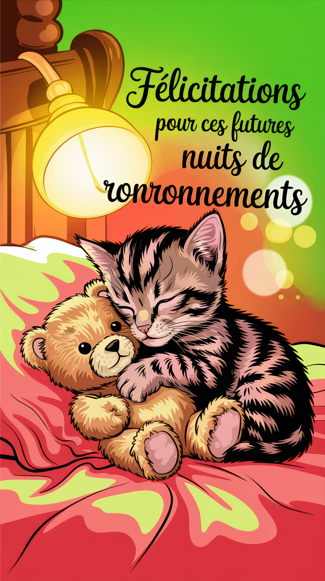 Un chaton tigré dort profondément en serrant un ours en peluche sur un lit, éclairé par une lampe de chevet.