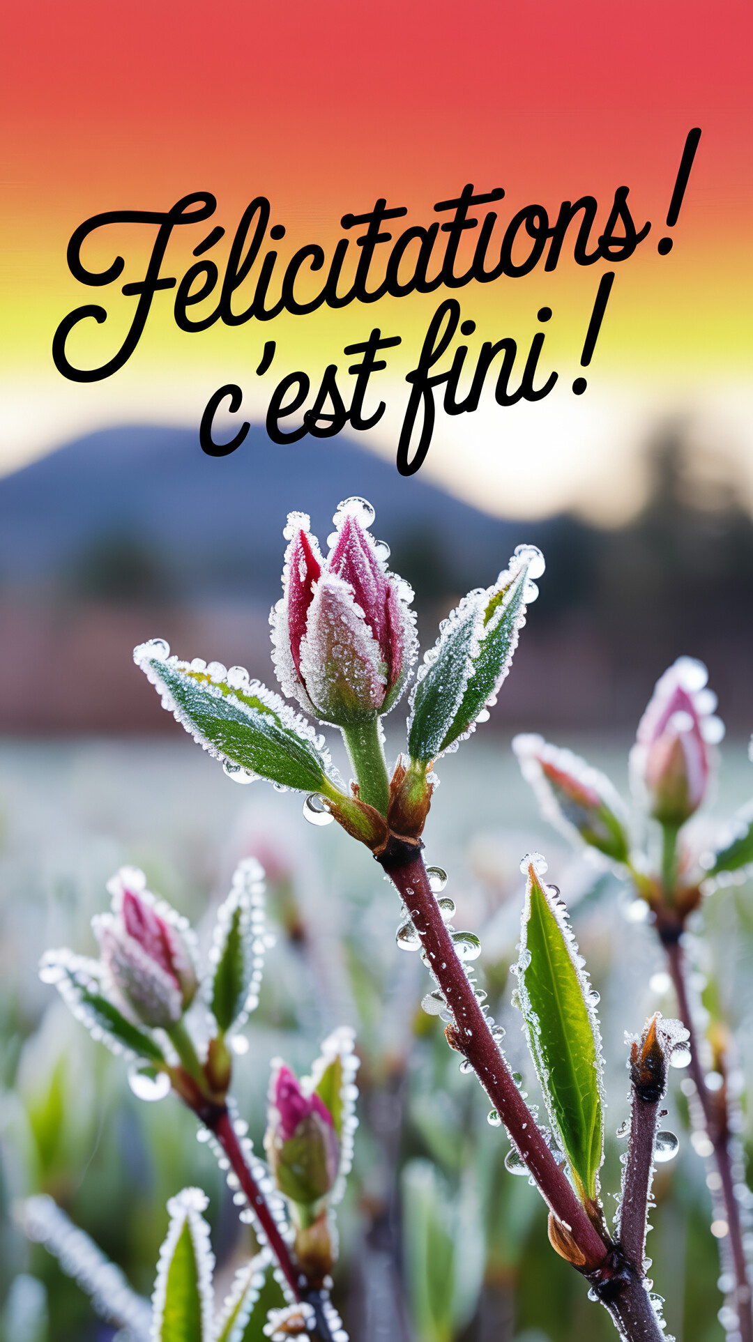 Au premier plan, des bourgeons de fleurs roses couverts de givre, avec un ciel de lever de soleil coloré en arrière-plan.