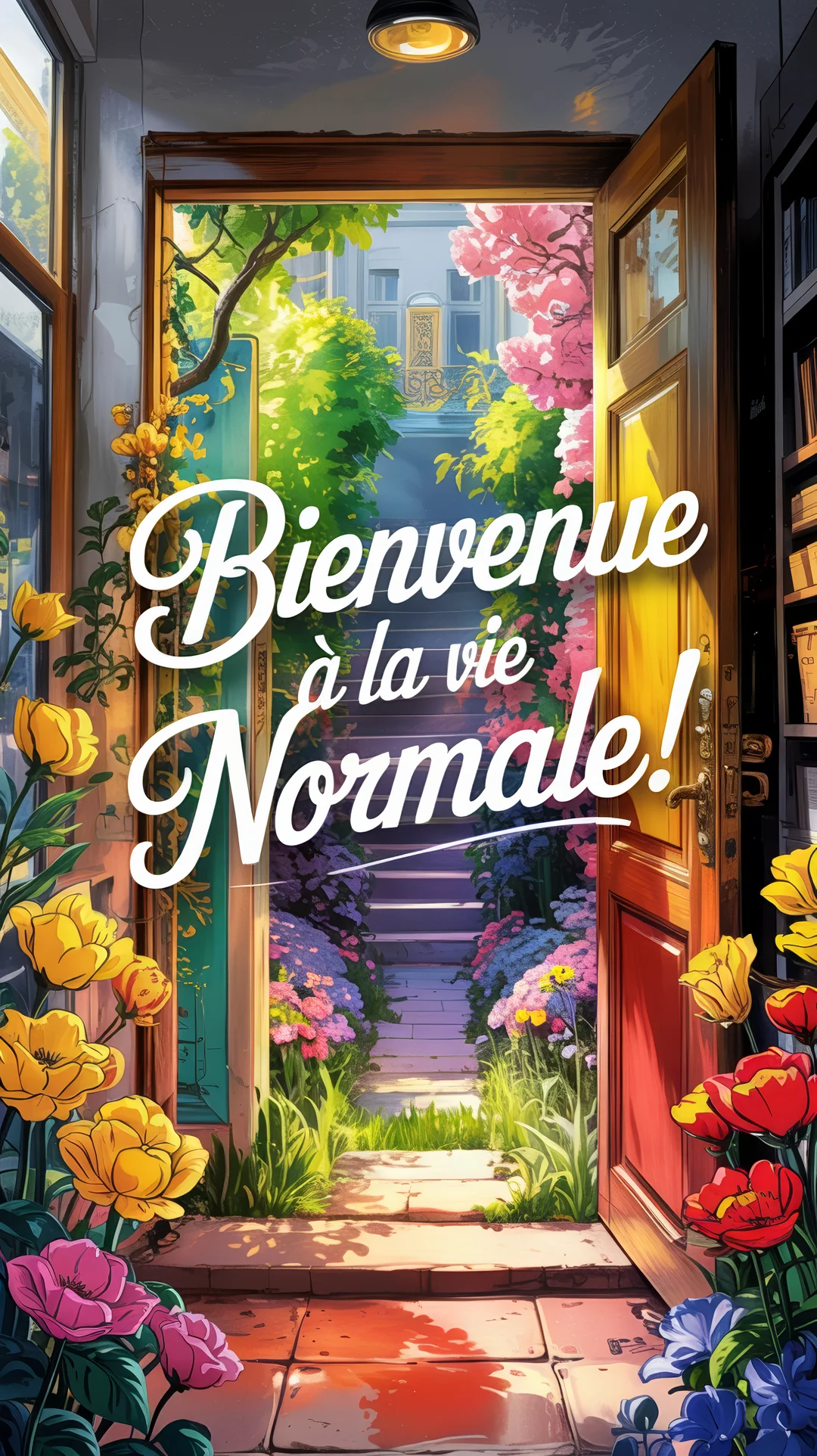 Une illustration d'une porte s'ouvrant sur un chemin lumineux bordé de fleurs colorées, symbolisant un passage vers un extérieur joyeux et normal.