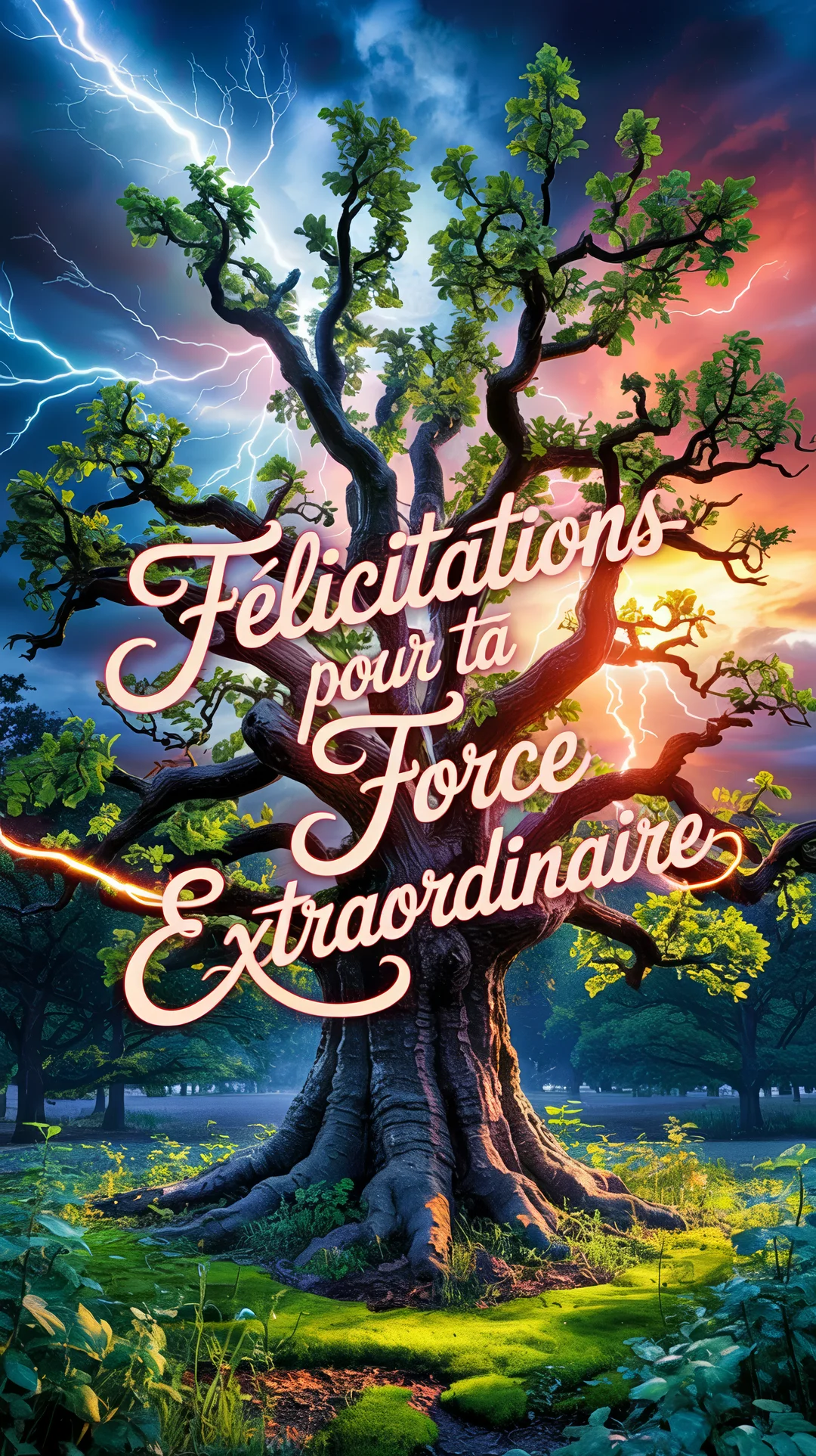 Un chêne robuste et ancien se dresse au centre d'une forêt sous un ciel orageux zébré d'éclairs spectaculaires au crépuscule.