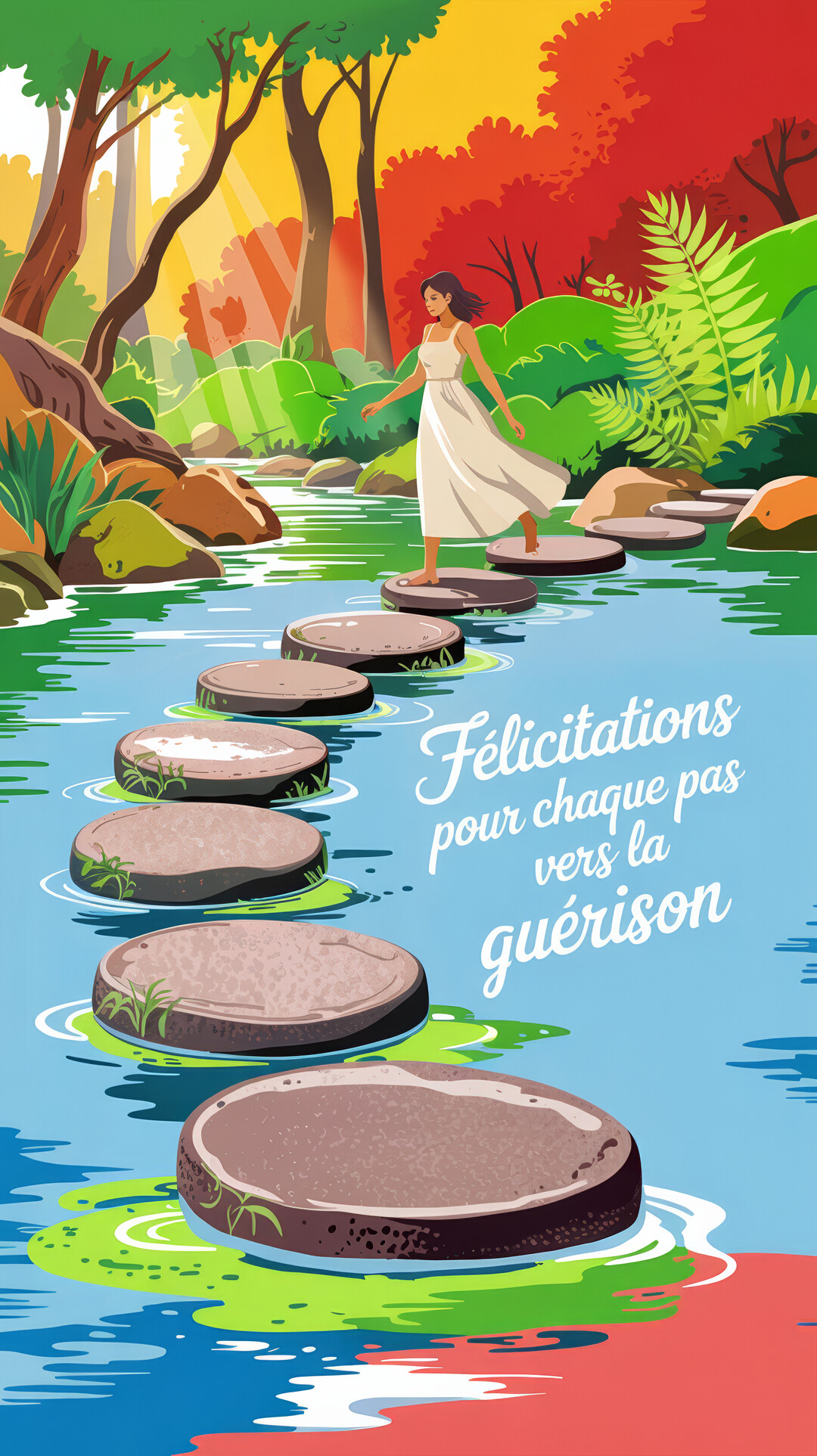 Une femme en robe blanche traverse une rivière en marchant sur des pas japonais, dans une forêt aux couleurs vives et ensoleillées.