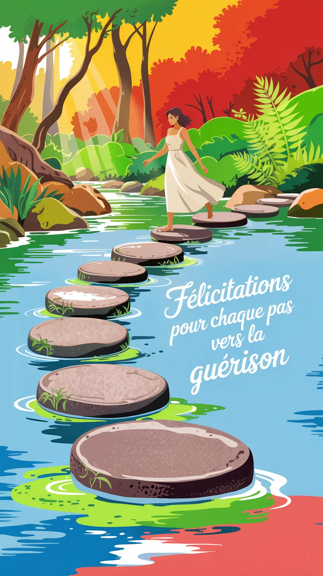 Une femme en robe blanche traverse une rivière en marchant sur des pas japonais, dans une forêt aux couleurs vives et ensoleillées.