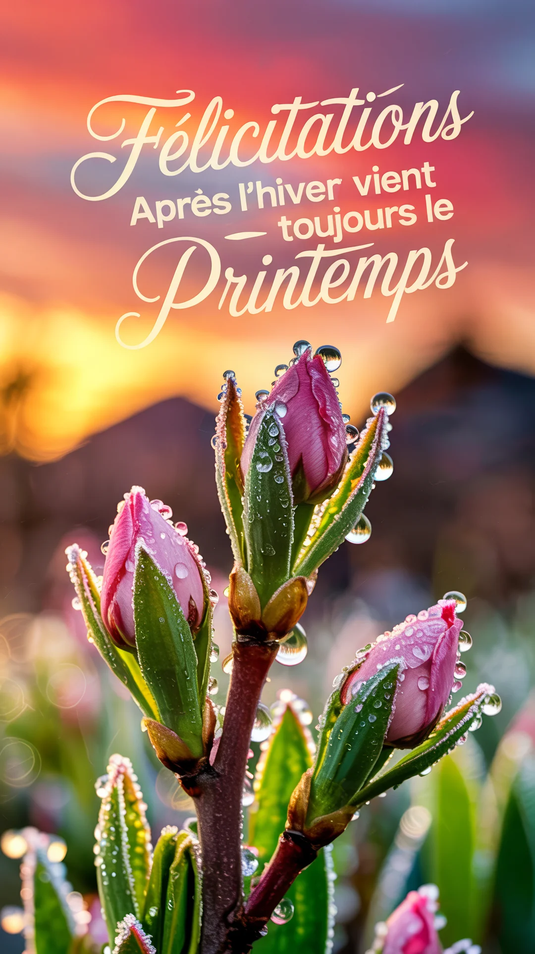 Gros plan sur trois bourgeons de fleurs roses couverts de givre brillant, avec en arrière-plan un ciel orangé de lever de soleil.