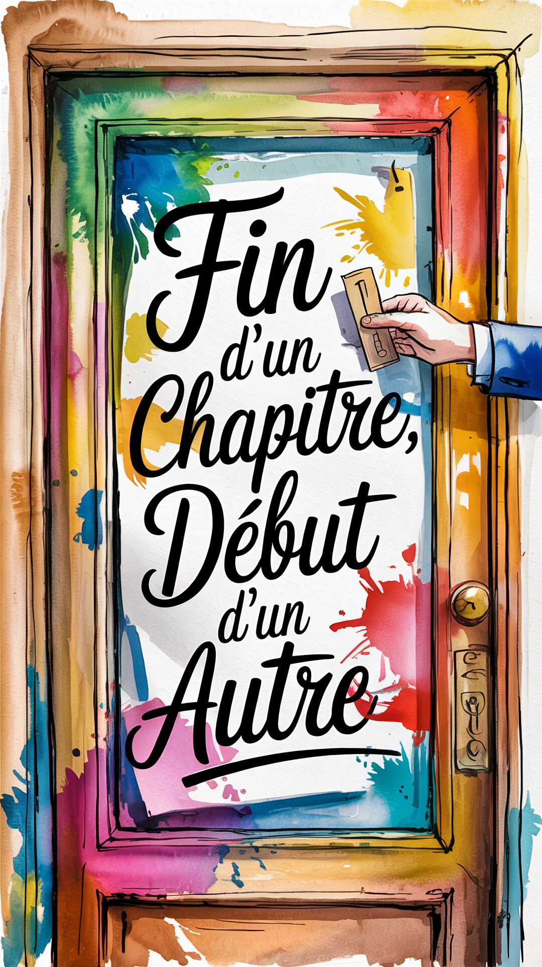 Une illustration à l'aquarelle d'une porte multicolore sur laquelle une main s'apprête à insérer une clé, symbolisant une nouvelle étape de vie.