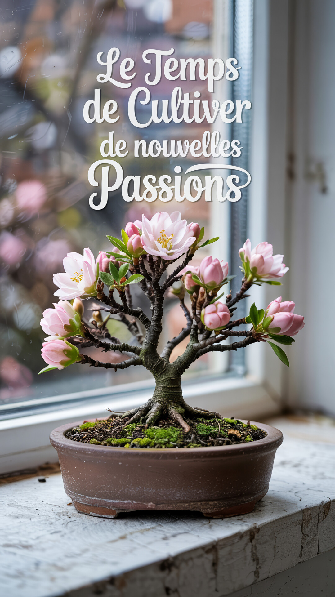 Un bonsaï aux délicates fleurs roses est posé sur un rebord de fenêtre en bois, symbolisant la patience et la nouvelle croissance.