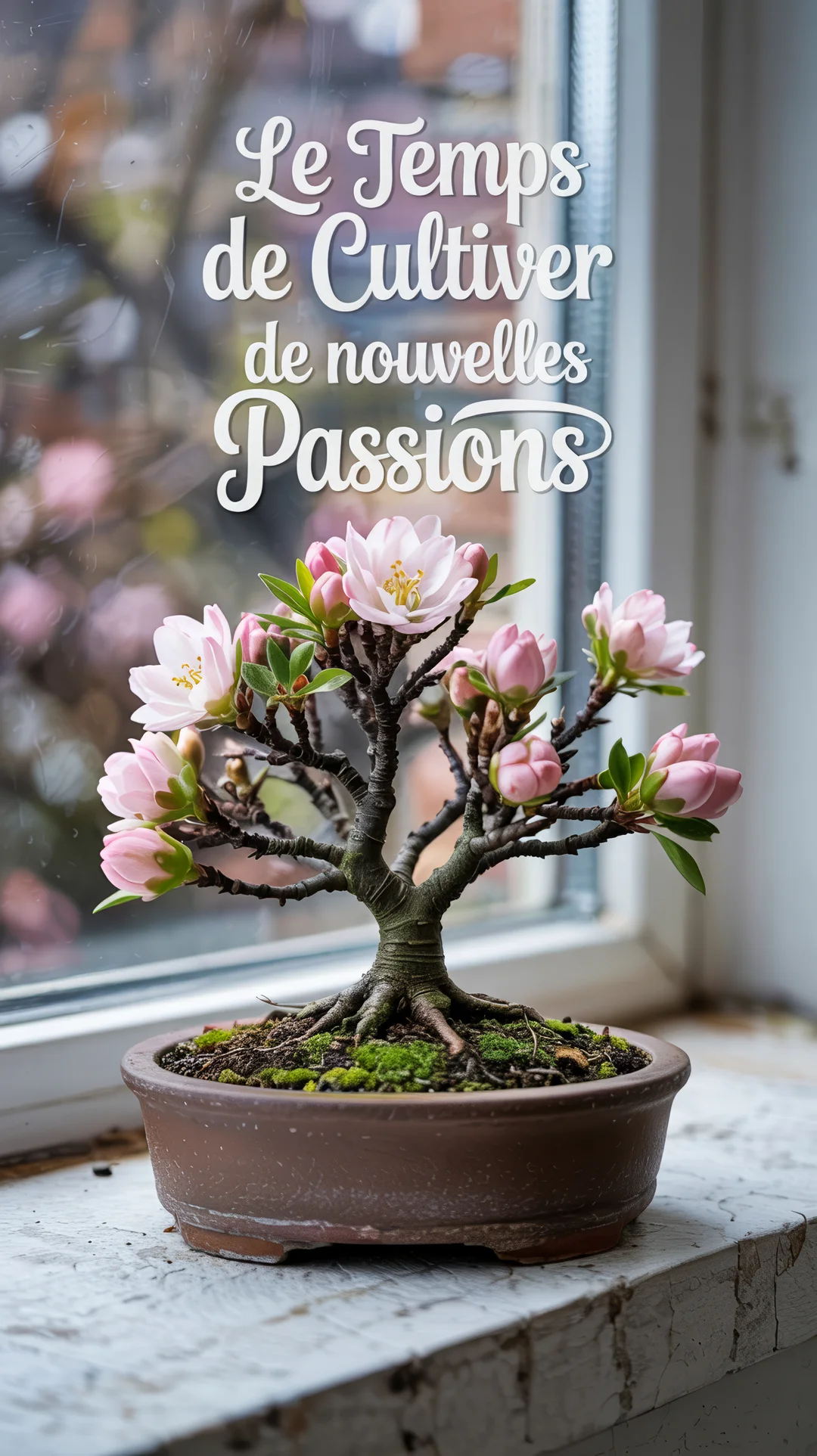 Un bonsaï aux délicates fleurs roses est posé sur un rebord de fenêtre en bois, symbolisant la patience et la nouvelle croissance.