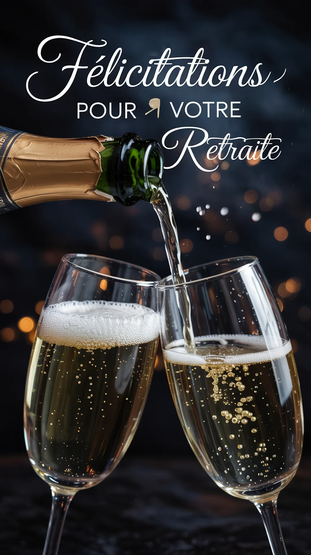 Gros plan sur une bouteille de champagne versant le liquide pétillant dans deux flûtes de verre sur un fond sombre et lumineux.